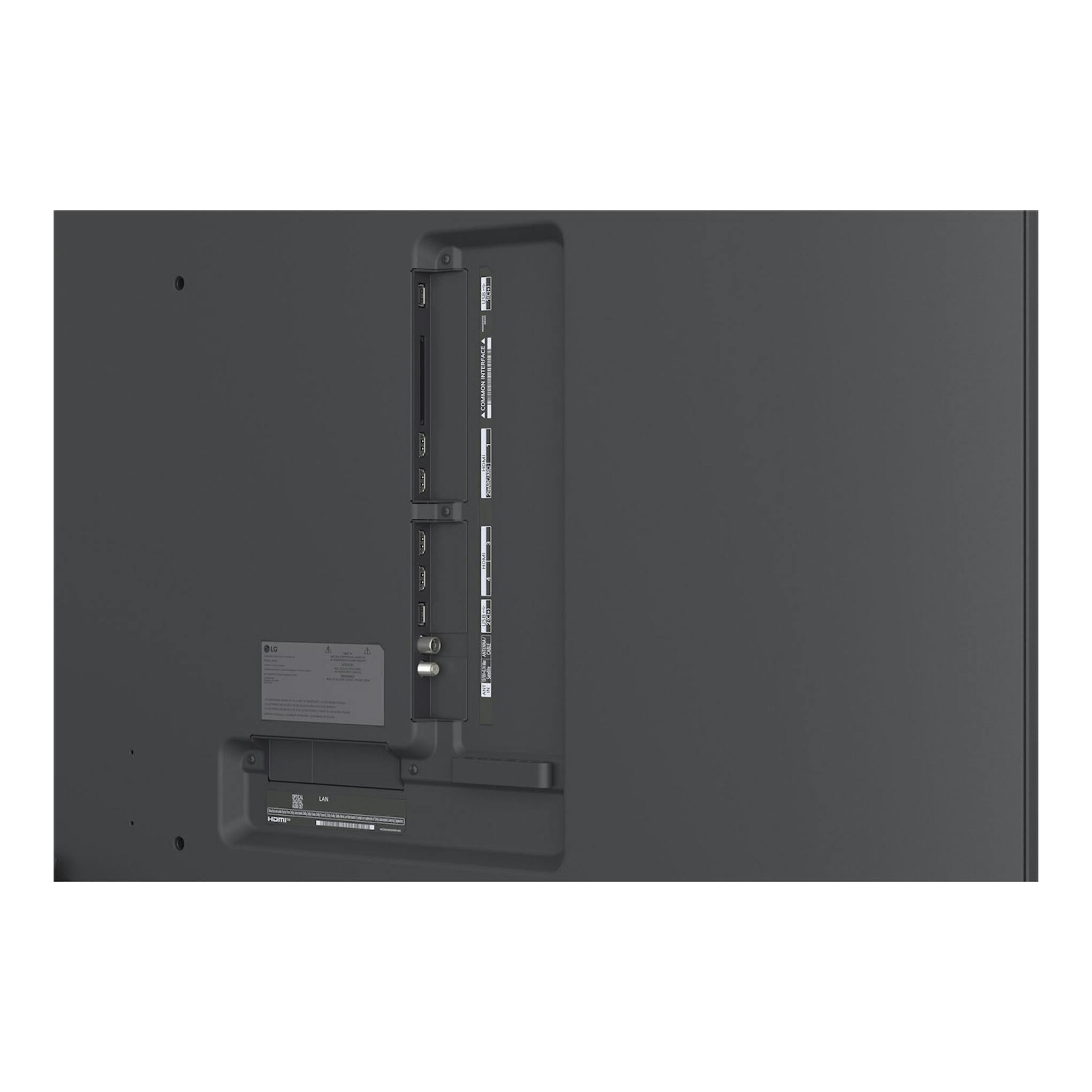 Vista trasera de TV LG QNED 86QNED86B6B, en gris oscuro, con panel de conexiones y puertos HDMI.