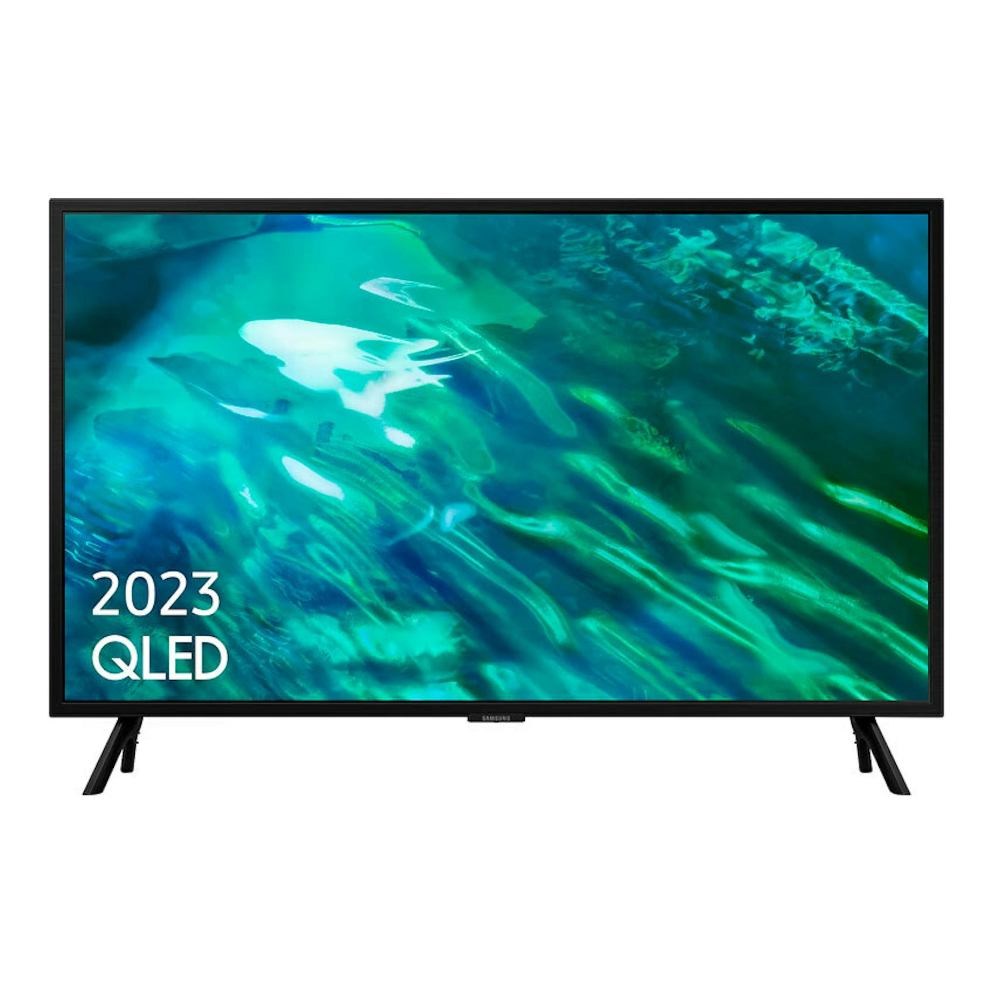 Televisor Samsung TQ32Q50AEUXXC negro, vista frontal, con pantalla QLED 2023 y peanas laterales.