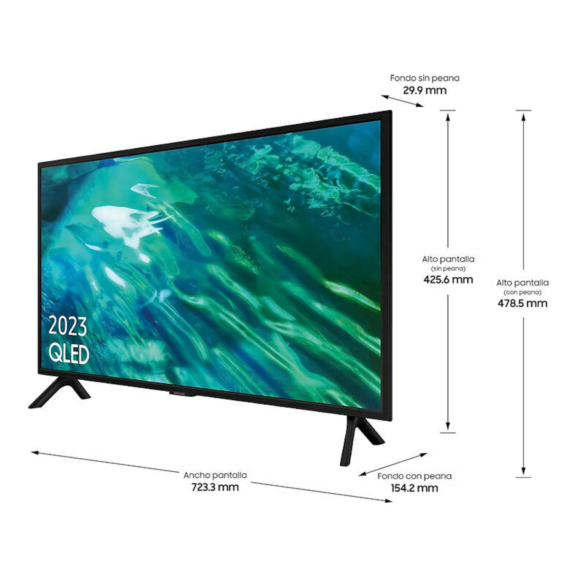 TV Samsung TQ32Q50AEUXXC QLED negra de 32 pulgadas, vista en ángulo frontal izquierdo, con esquema de medidas.