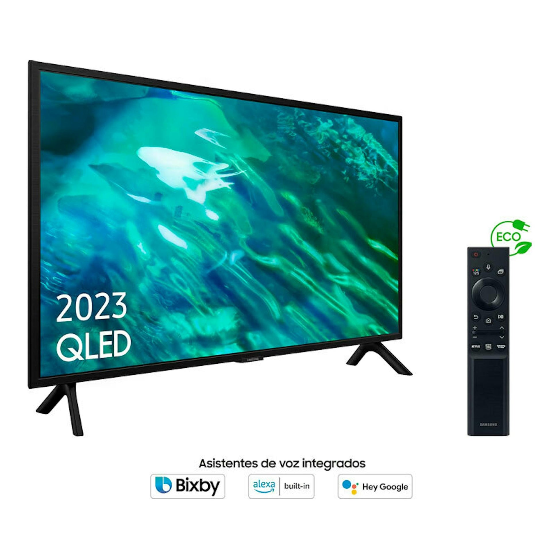 TV Samsung TQ32Q50AEUXXC QLED negra, vista en ángulo, con mando a la derecha sobre fondo blanco.
