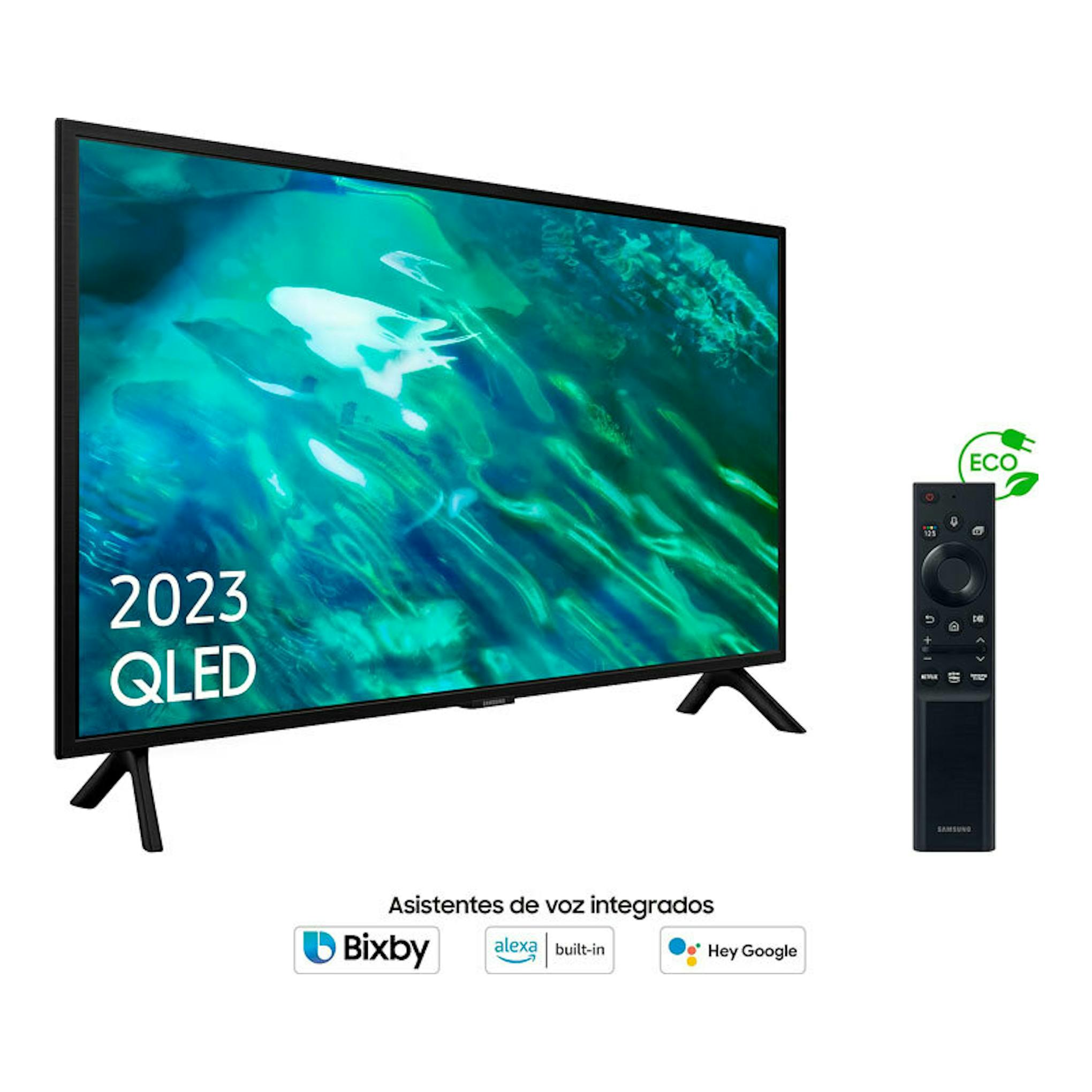 TV Samsung TQ32Q50AEUXXC QLED negra, vista en ángulo, con mando a la derecha sobre fondo blanco.