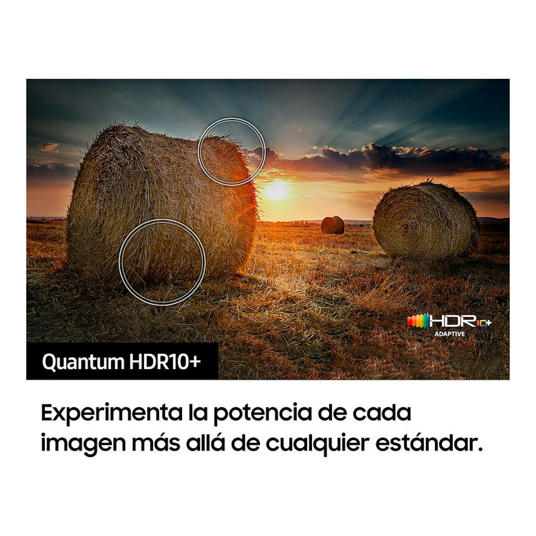 Gráfico promocional de TV Samsung TQ32Q50AEUXXC con paisaje de heno al atardecer y texto Quantum HDR10+.