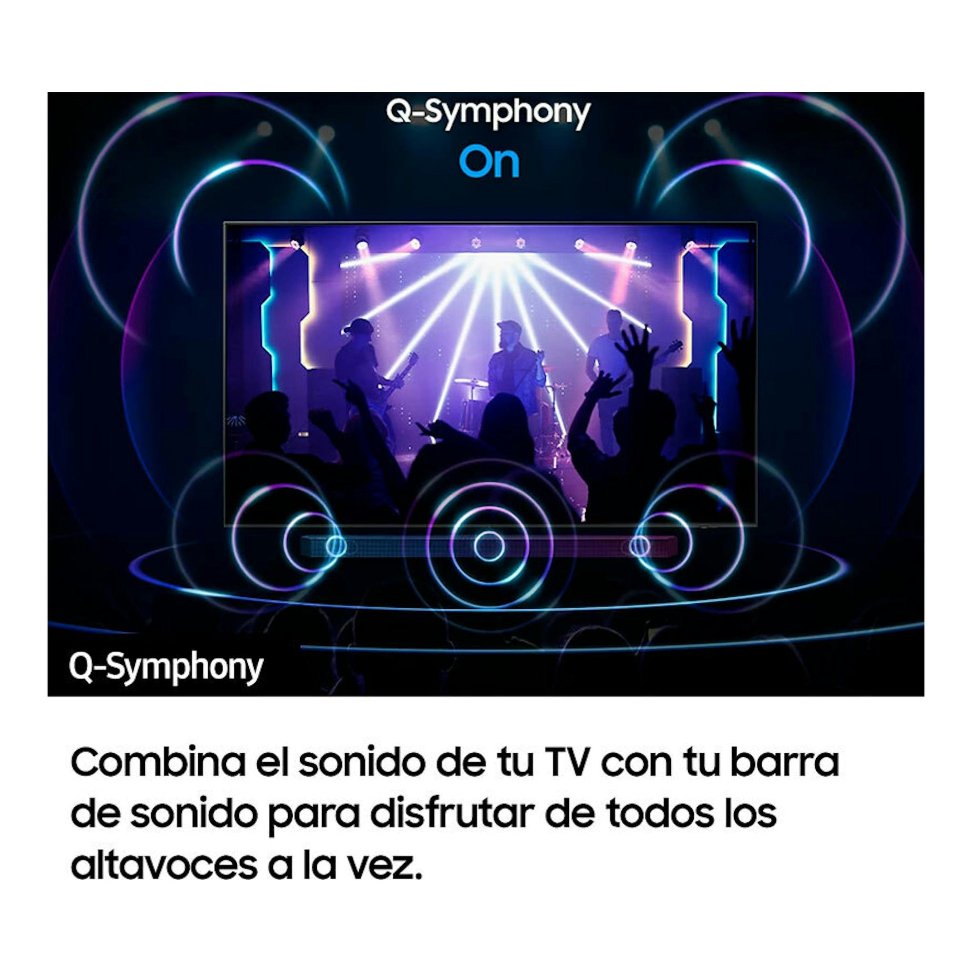 Anuncio de Samsung TQ32Q50AEUXXC: TV con concierto en pantalla, ondas de sonido y texto “Q-Symphony On”.