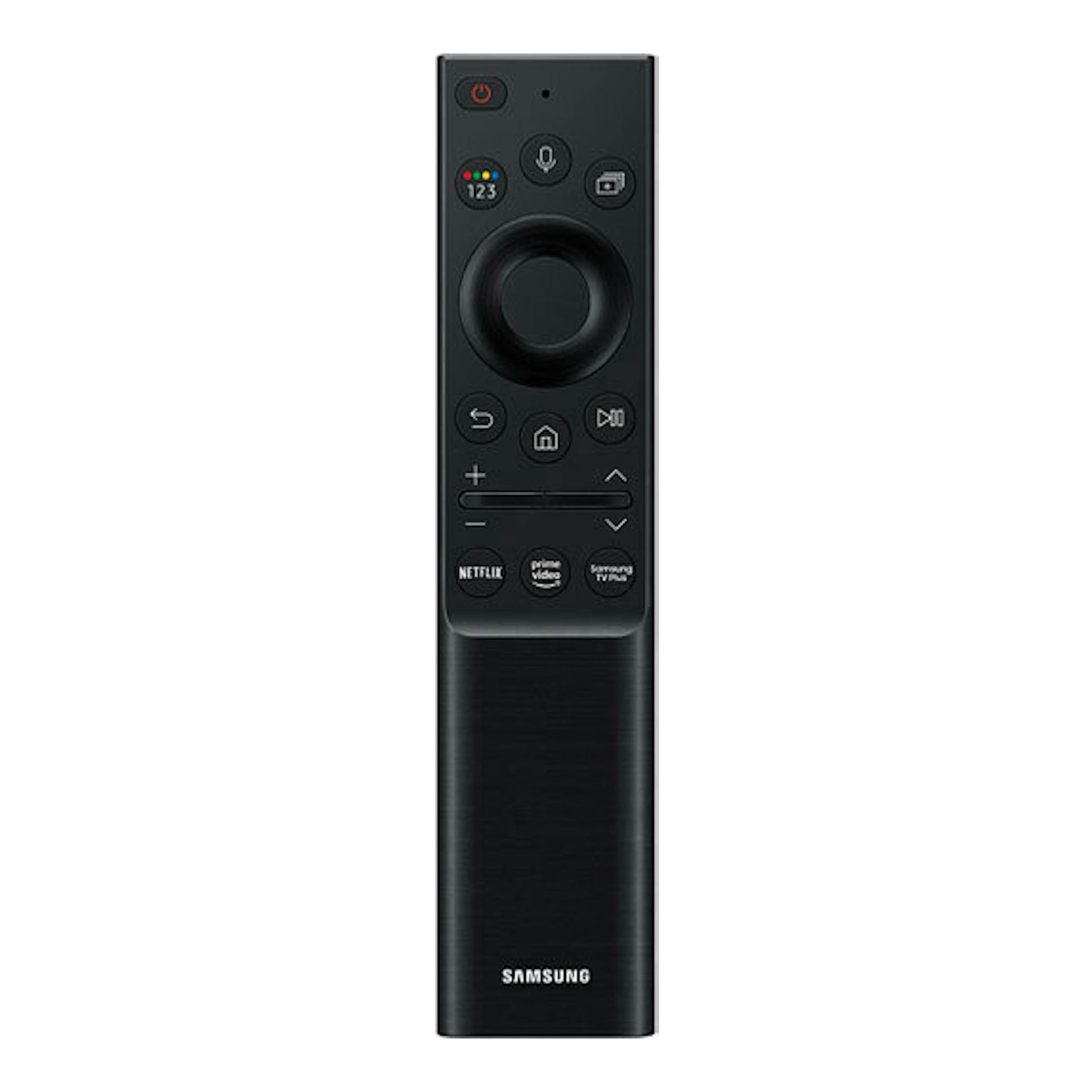 Mando a distancia Samsung negro, vista frontal, con botones de voz y accesos a Netflix, Prime Video y TV Plus.