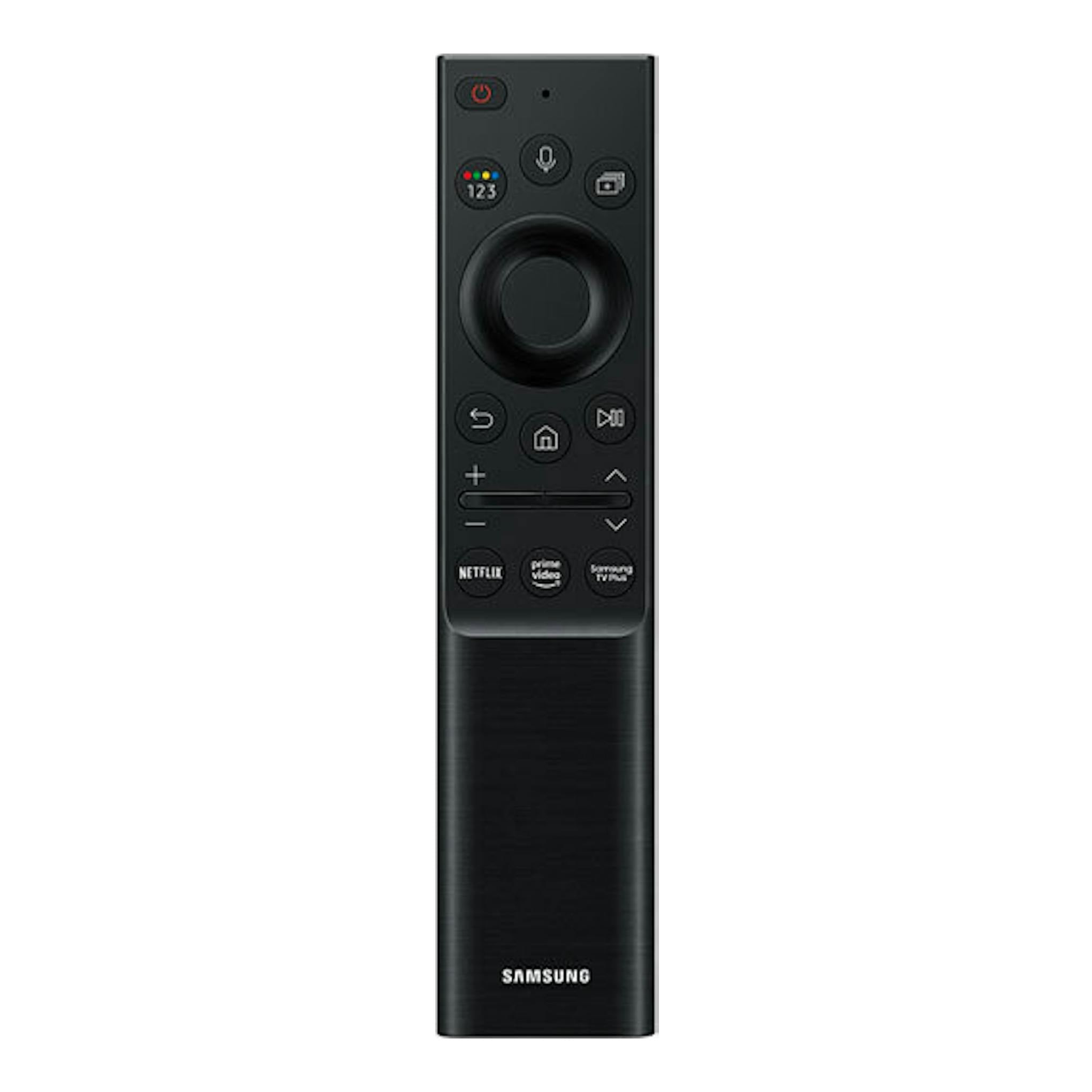 Mando a distancia Samsung negro, vista frontal, con botones de voz y accesos a Netflix, Prime Video y TV Plus.