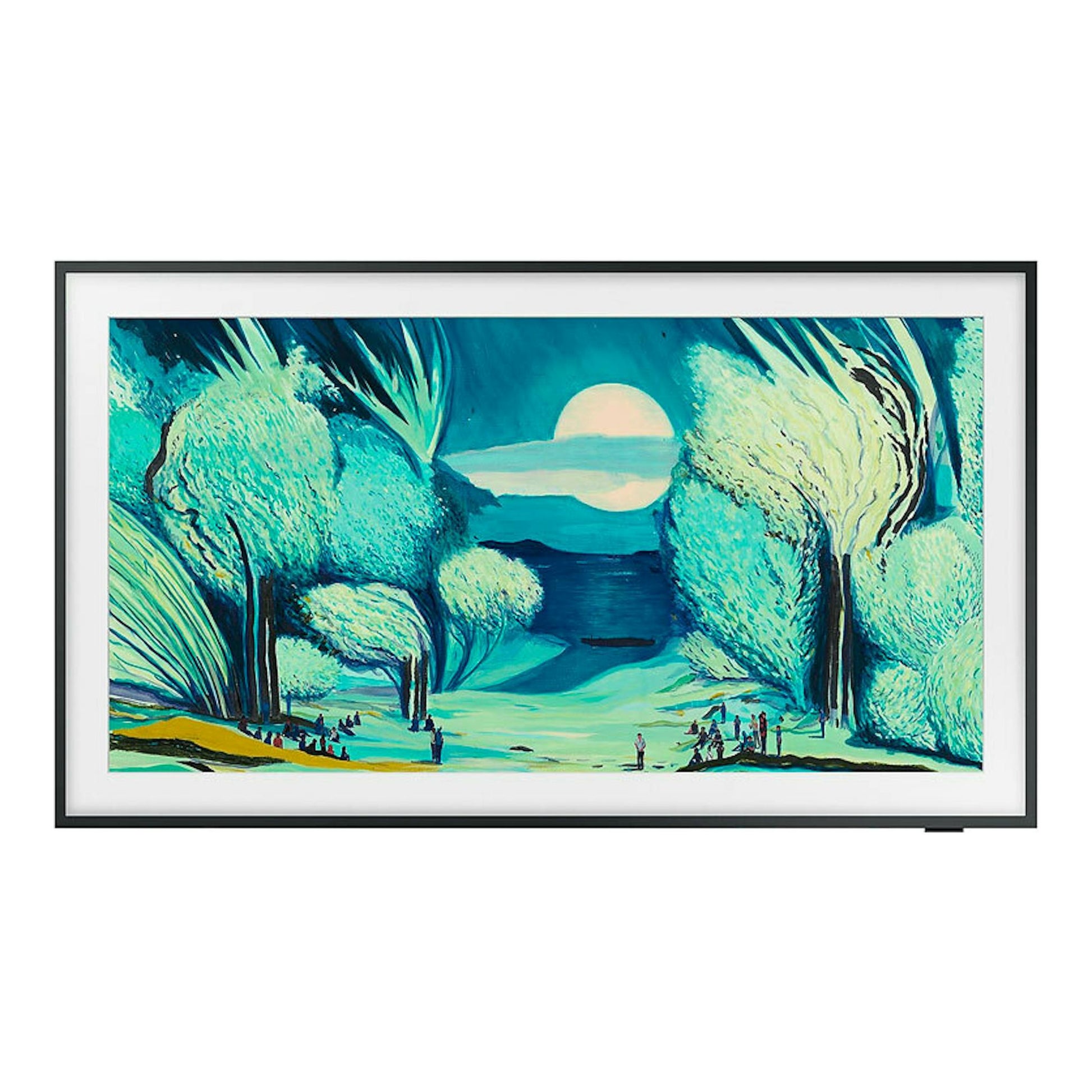 Televisor Samsung TQ43LS03FAUXXC, vista frontal, marco negro y fondo blanco, con una ilustración azul.