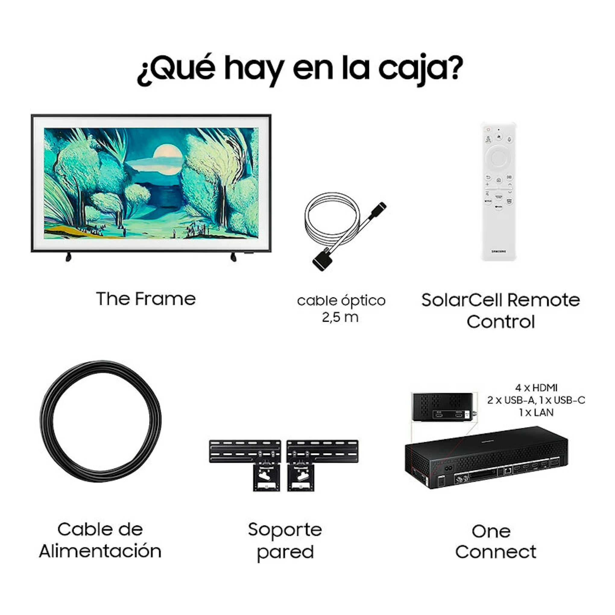 Samsung The Frame 43" con mando SolarCell, cable óptico, cable de alimentación, soporte de pared y One Connect.