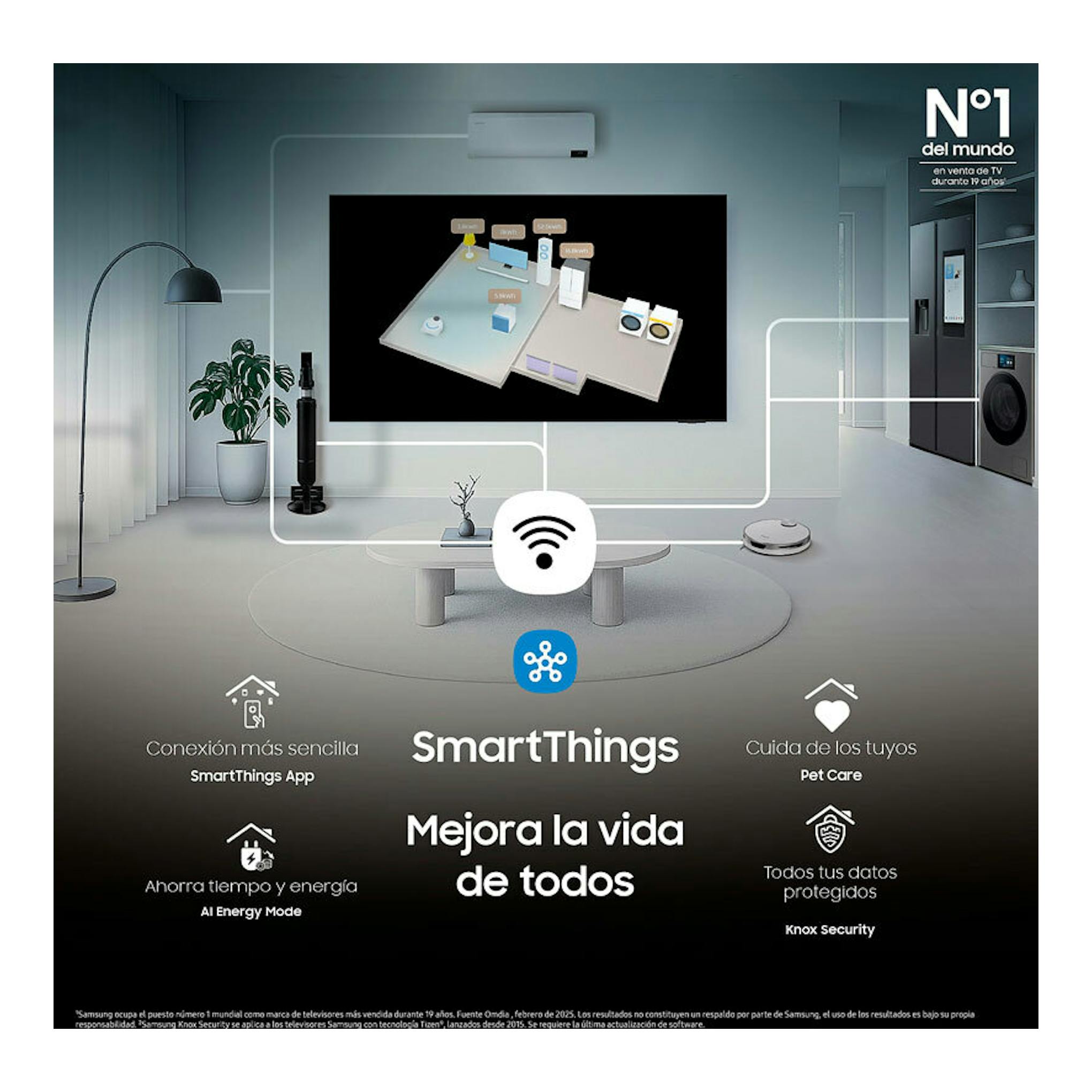 Anuncio de Samsung TQ43Q7FAAUXXC: televisor QLED negro en pared, con interfaz SmartThings en una sala.