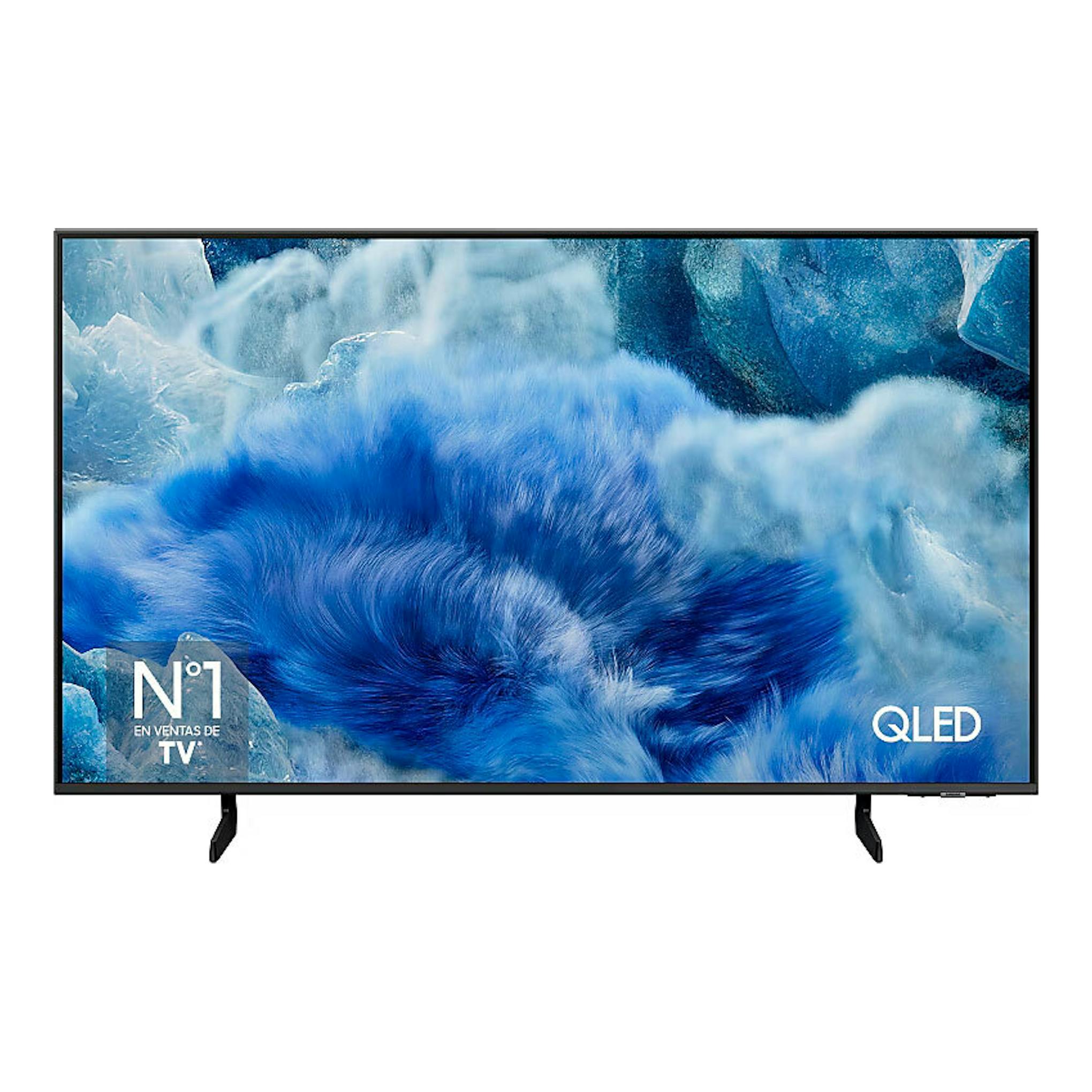 Samsung TQ43Q8FAAUXXC, TV QLED 4K de 43 pulgadas, vista frontal, marco negro y pantalla azul abstracta.