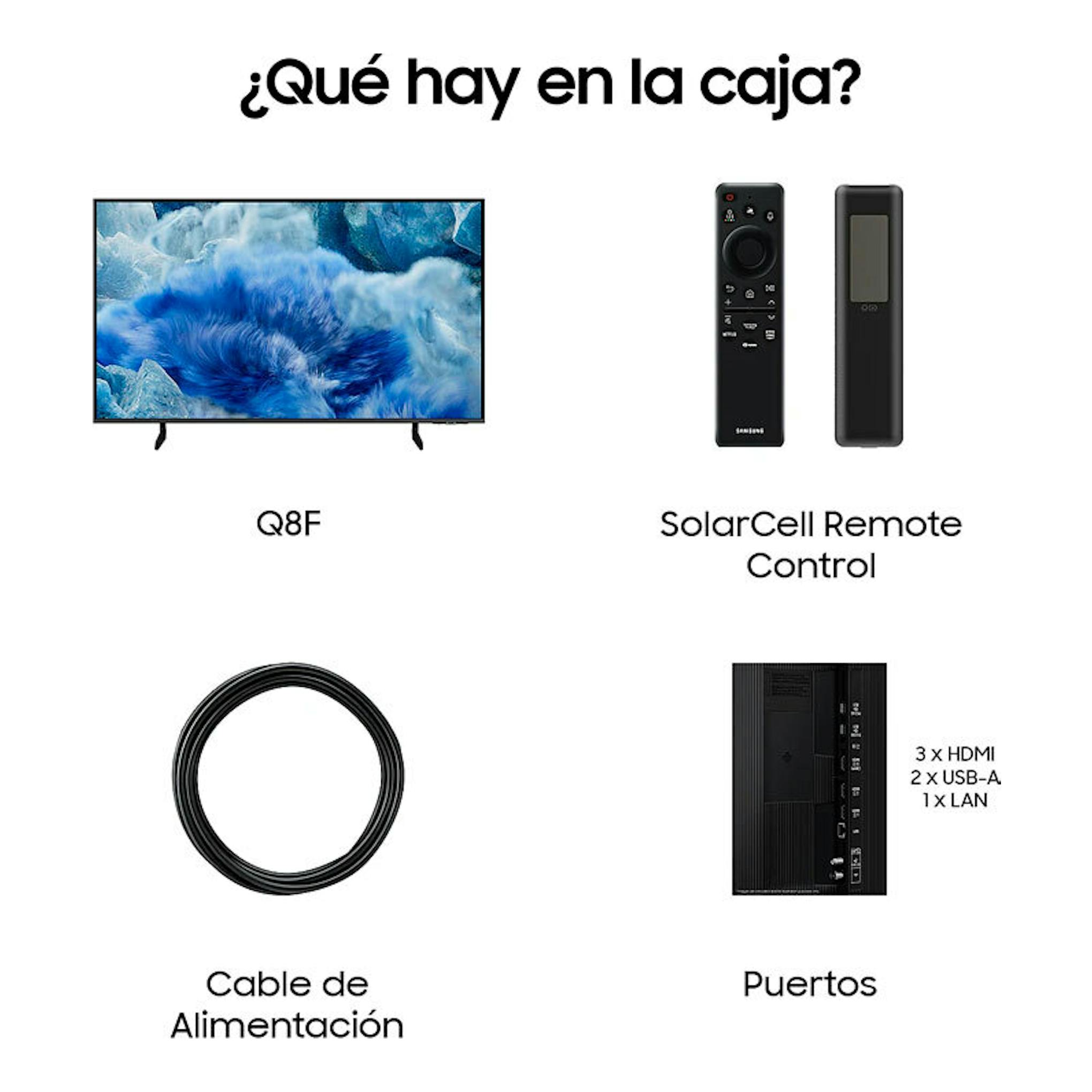 Infografía del Samsung Q8F: TV QLED 4K 43”, mando SolarCell, cable de alimentación y puertos.