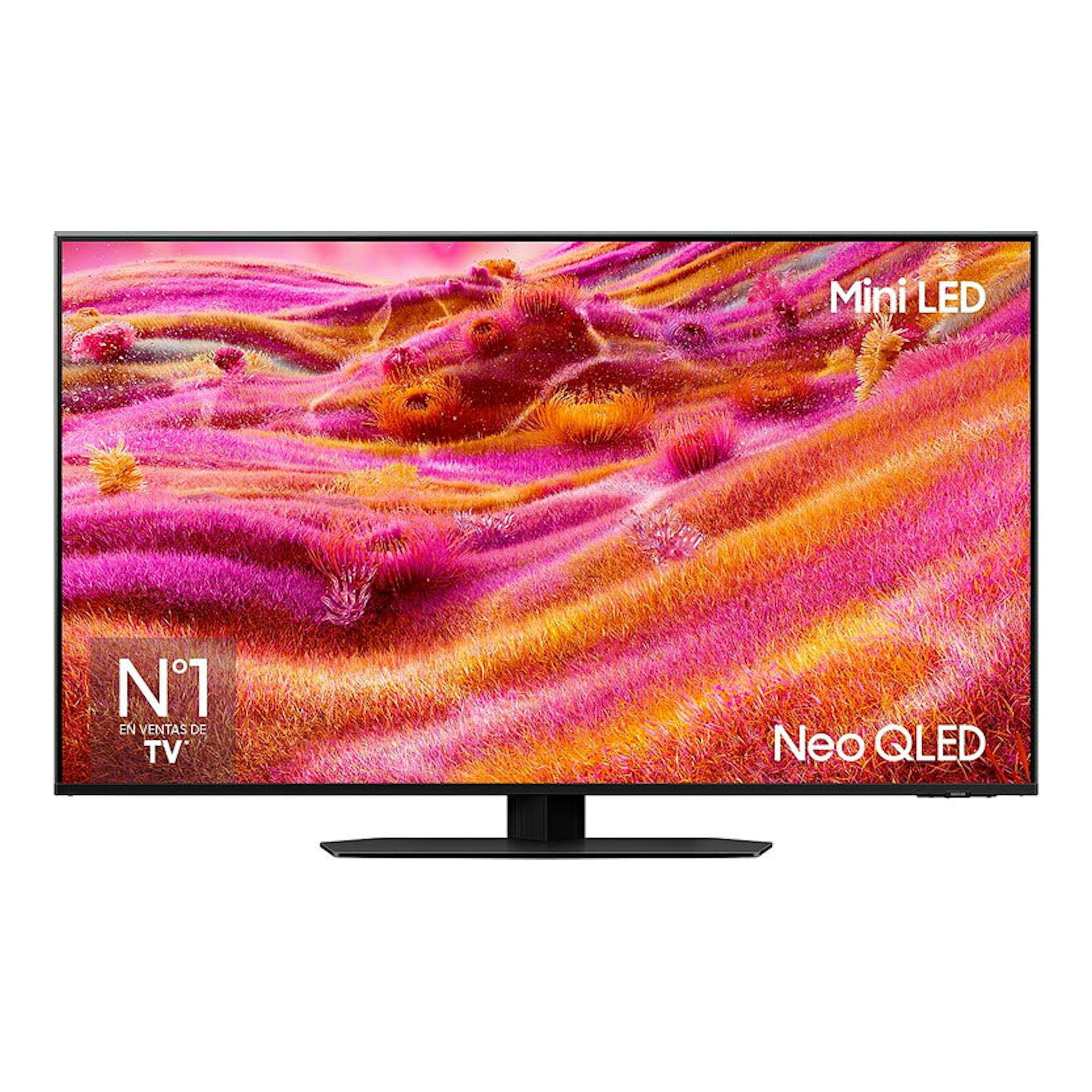 TV Samsung TQ43QN90FATXXC Neo QLED 43", vista frontal, pantalla rosa y naranja, base central negra.
