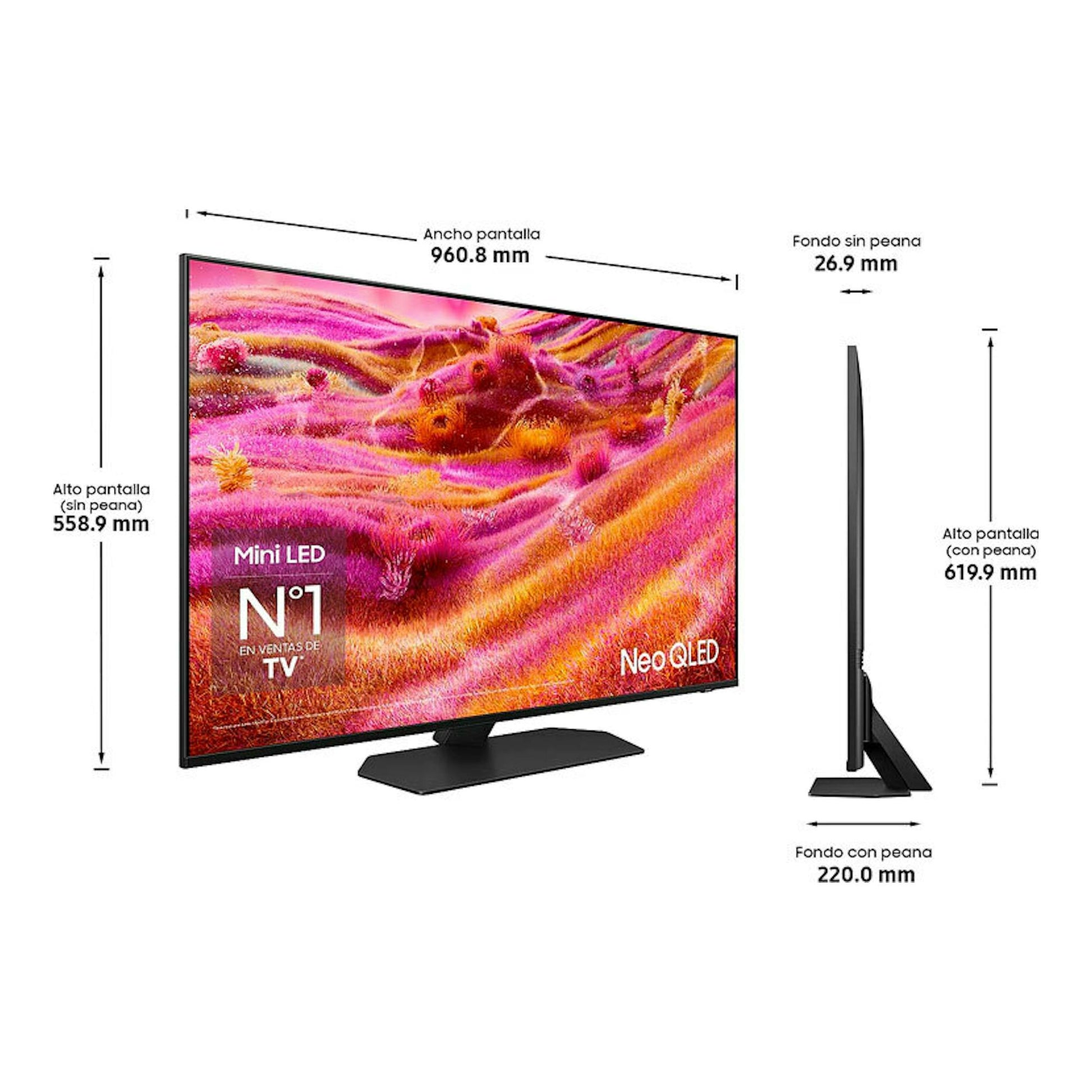 TV Samsung NeoQLED 4K 43" TQ43QN90FATXXC, vista frontal y lateral en negro, con medidas y peana.