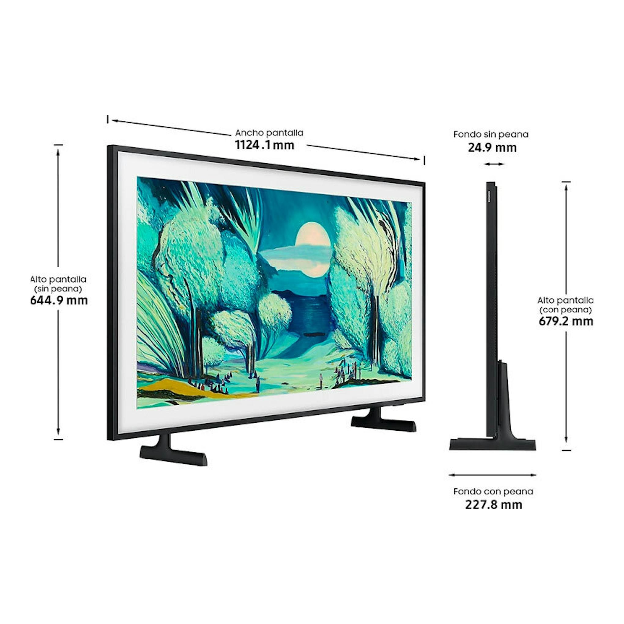 TV Samsung TQ50LS03FAUXXC QLED 4K de 50", vista frontal y lateral sobre fondo blanco, con medidas.