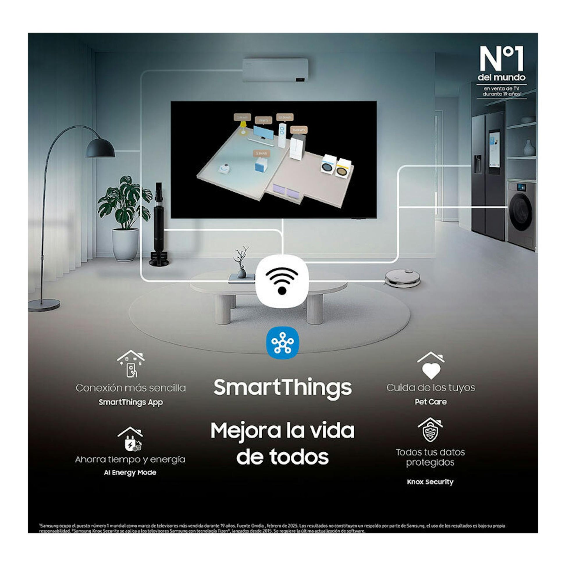 Samsung TQ50Q7FAAUXXC QLED 4K montado en pared en un salón, con SmartThings y texto promocional.