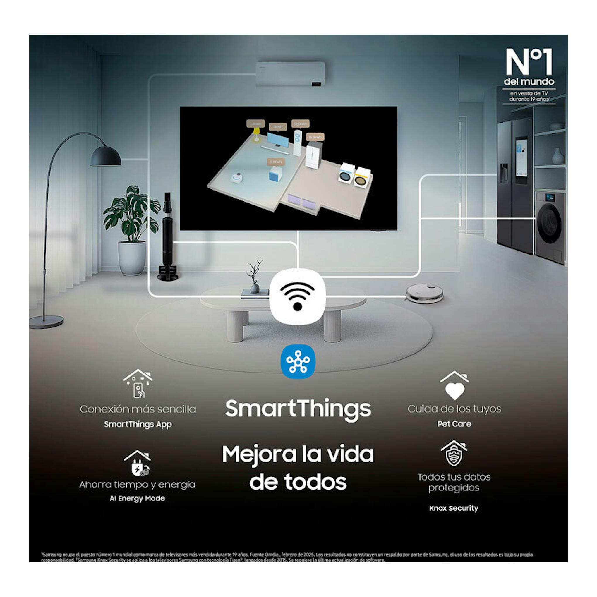 Samsung TQ50Q7FAAUXXC QLED 4K montado en pared en un salón, con SmartThings y texto promocional.
