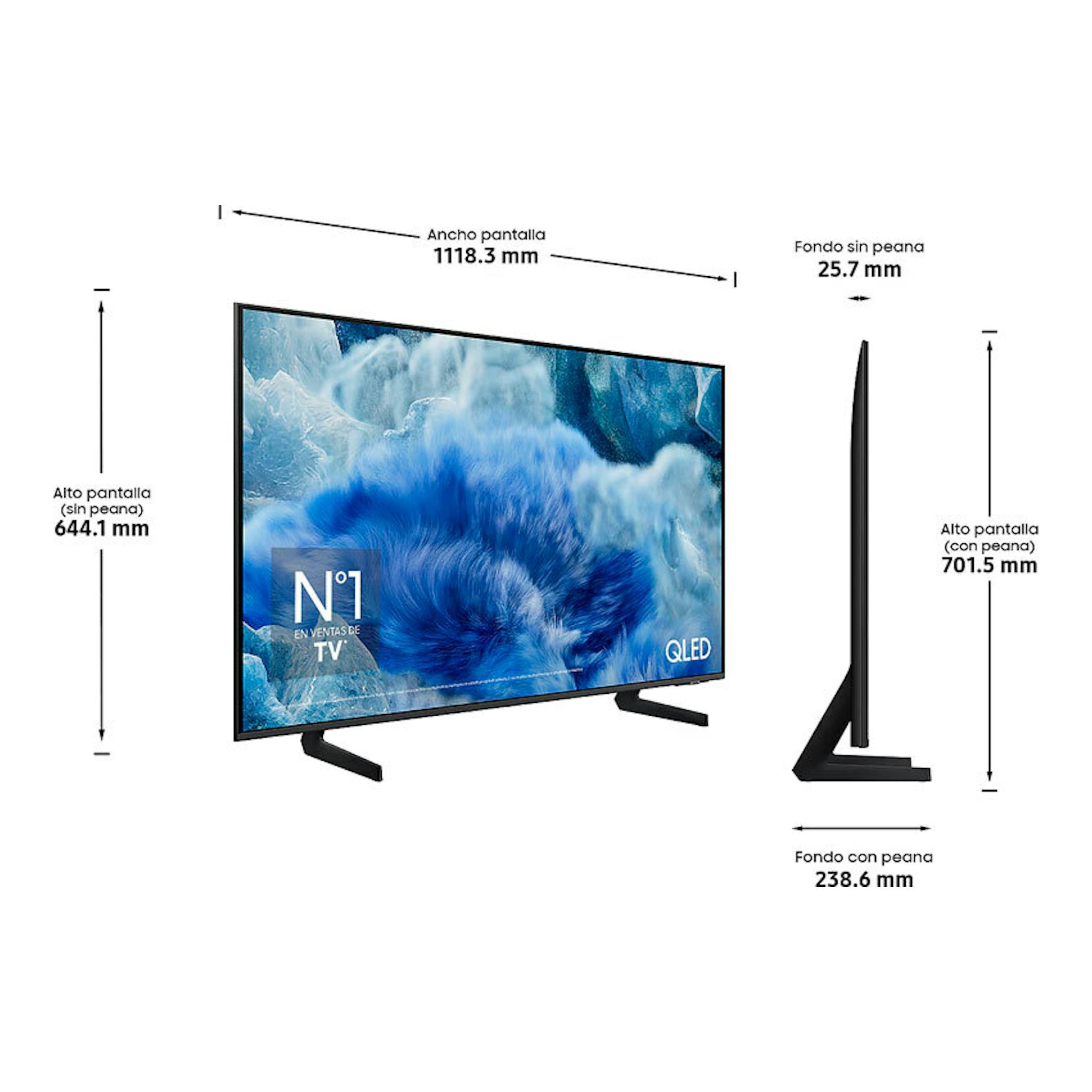 Samsung TQ50Q8FAAUXXC QLED 4K de 50", vista frontal y lateral con peana negra y medidas del televisor