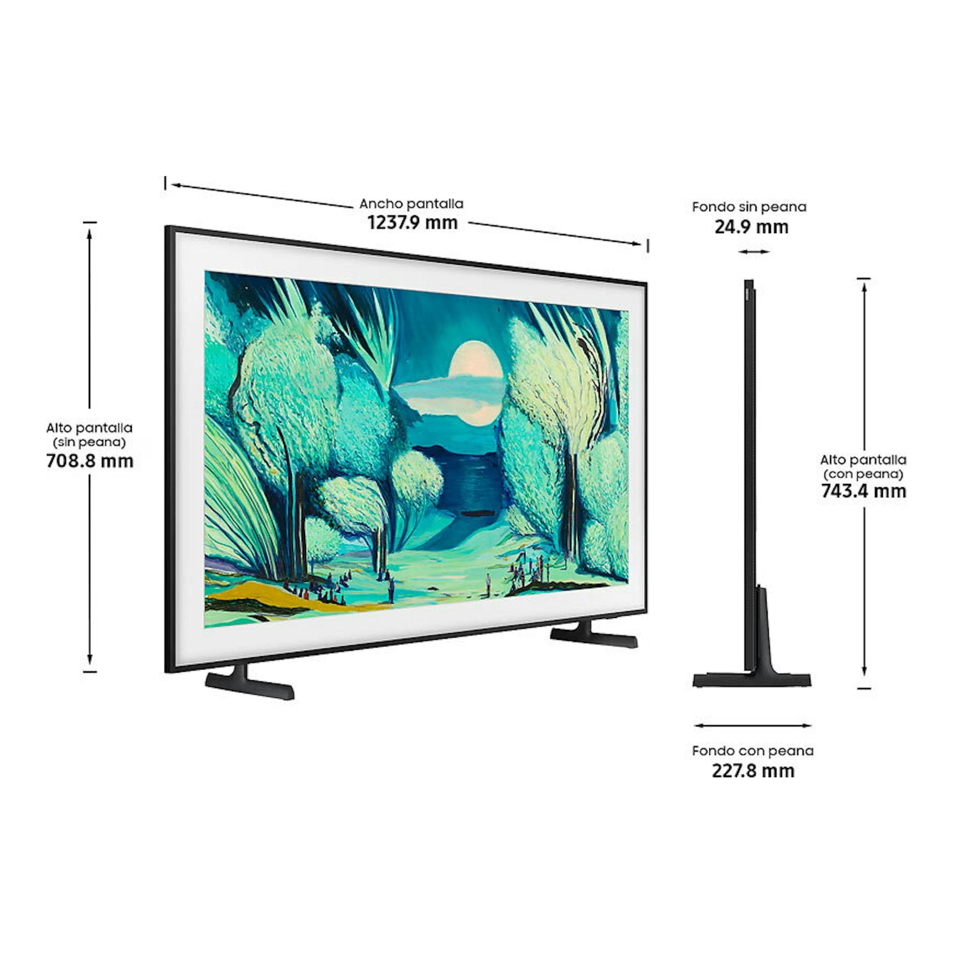 Samsung TQ55LS03FAUXXC QLED 4K 55", vista frontal y lateral, con peana negra y medidas del televisor.