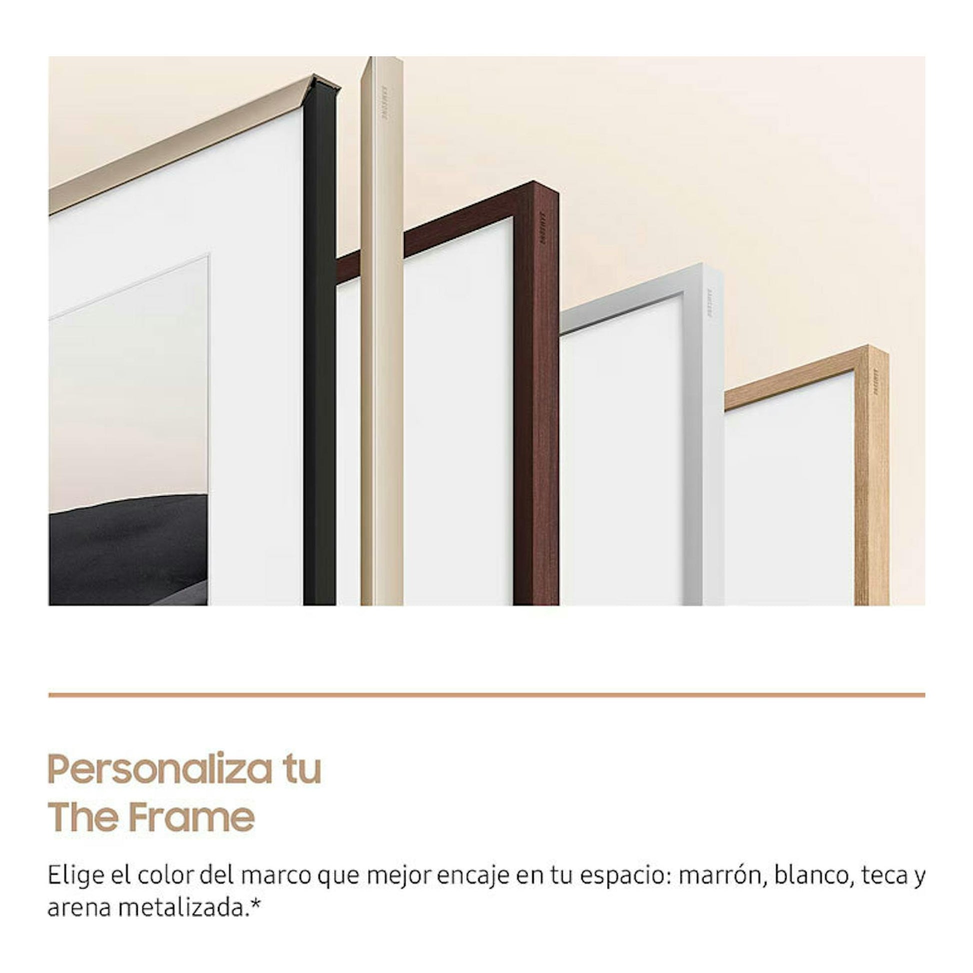 Samsung The Frame, vista frontal parcial, con marcos intercambiables en negro, arena, marrón y blanco.