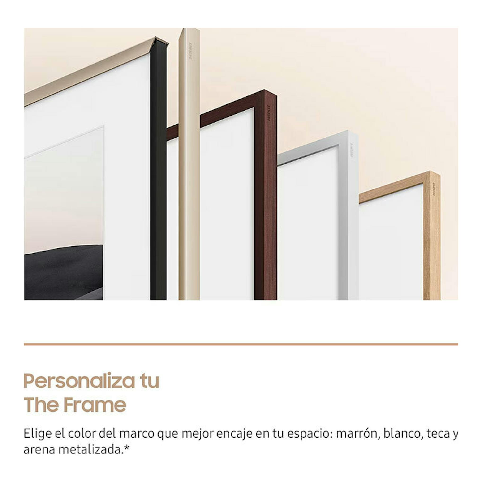 Samsung The Frame, vista frontal parcial, con marcos intercambiables en negro, arena, marrón y blanco.