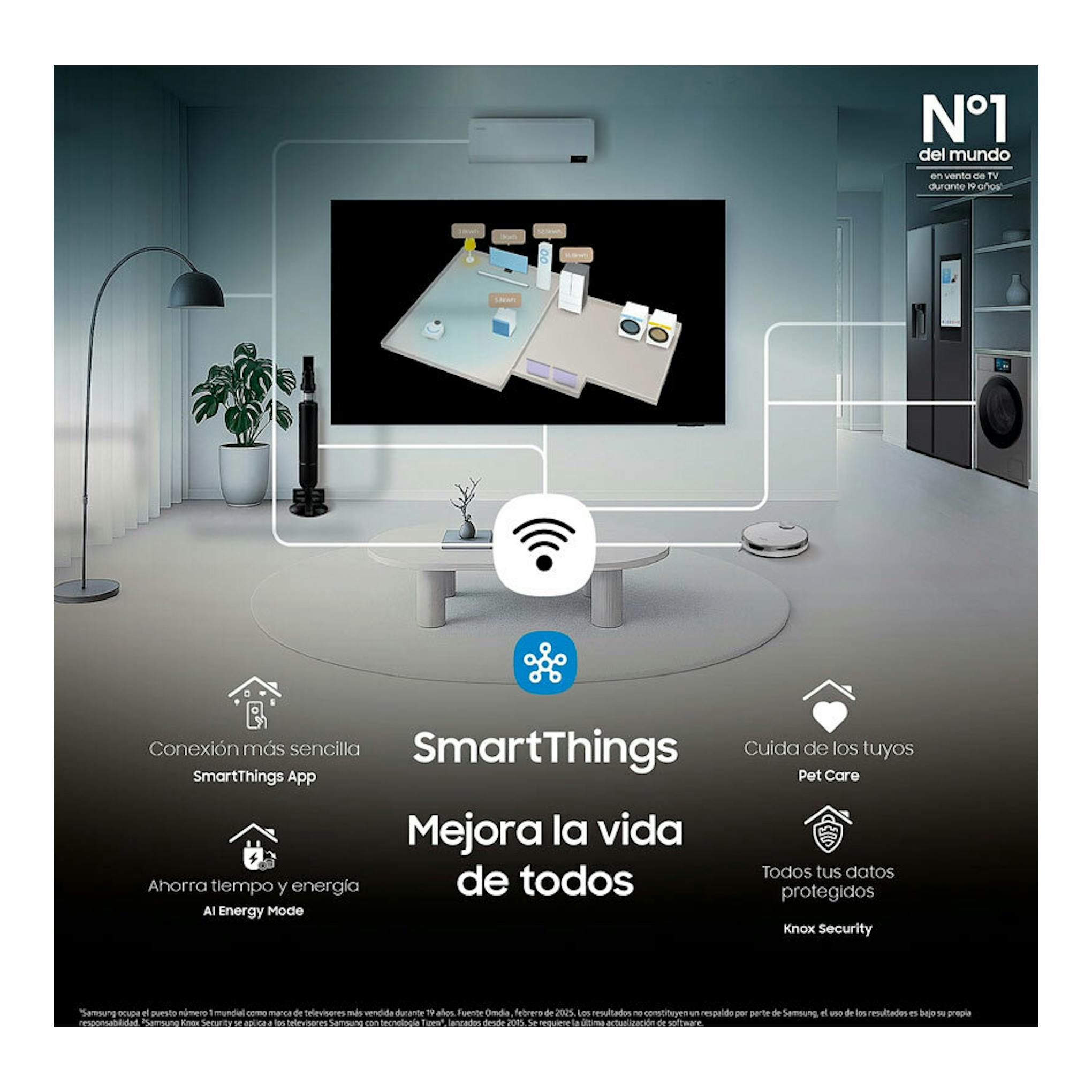 Anuncio de TV Samsung TQ55LS03FAUXXC QLED 4K de 55" en salón moderno con SmartThings.