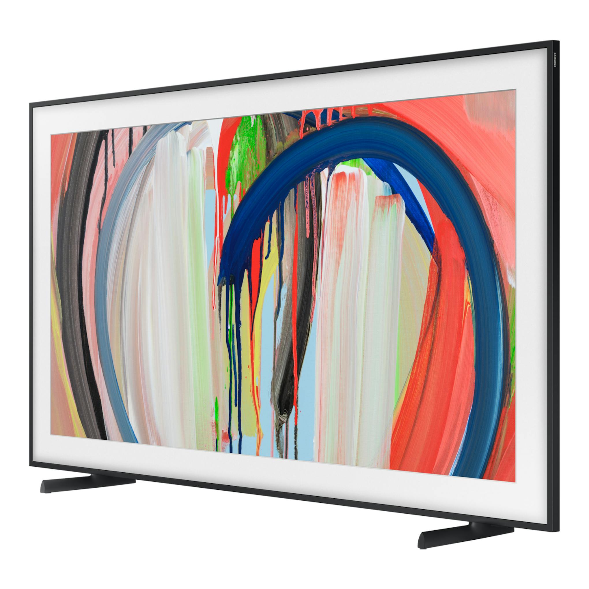 Televisor Samsung TQ55LS03HAUXXC negro, vista en ángulo lateral, con marco blanco y base baja, mostrando arte abstracto.
