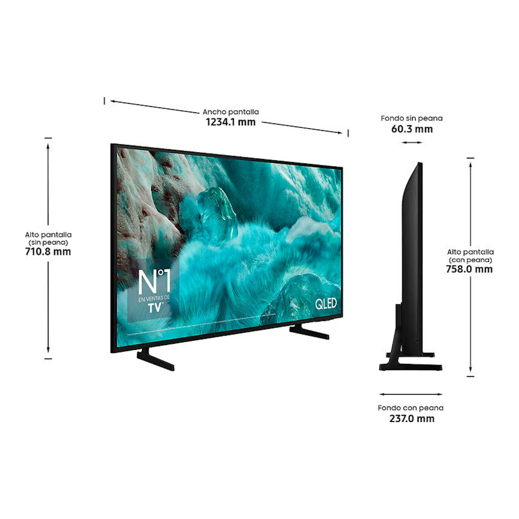 Samsung TQ55Q7FAAUXXC QLED 4K 55" en vista frontal y lateral, TV negra con soporte y medidas.