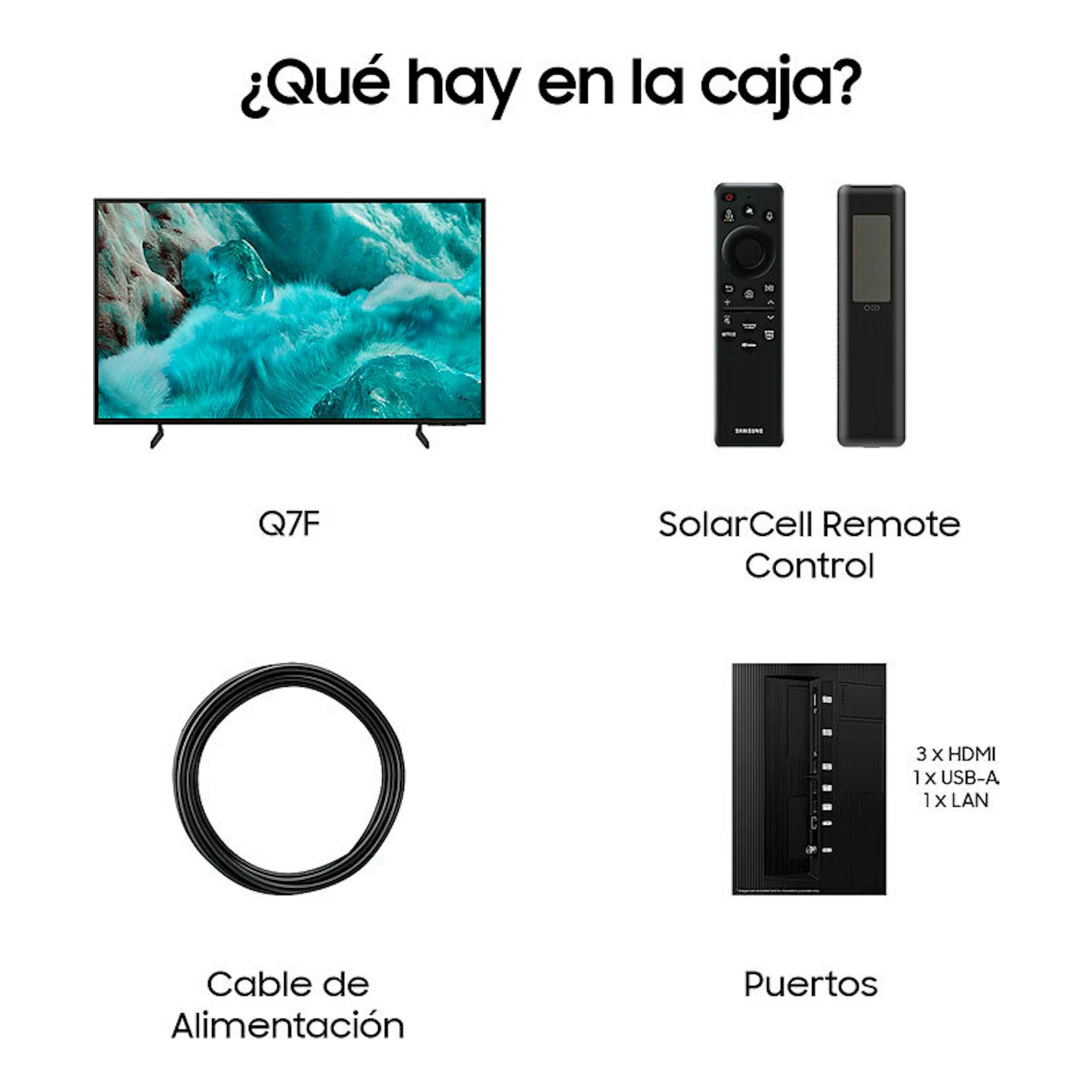 Samsung Q7F: vista frontal del televisor, mando SolarCell, cable de alimentación y puertos.