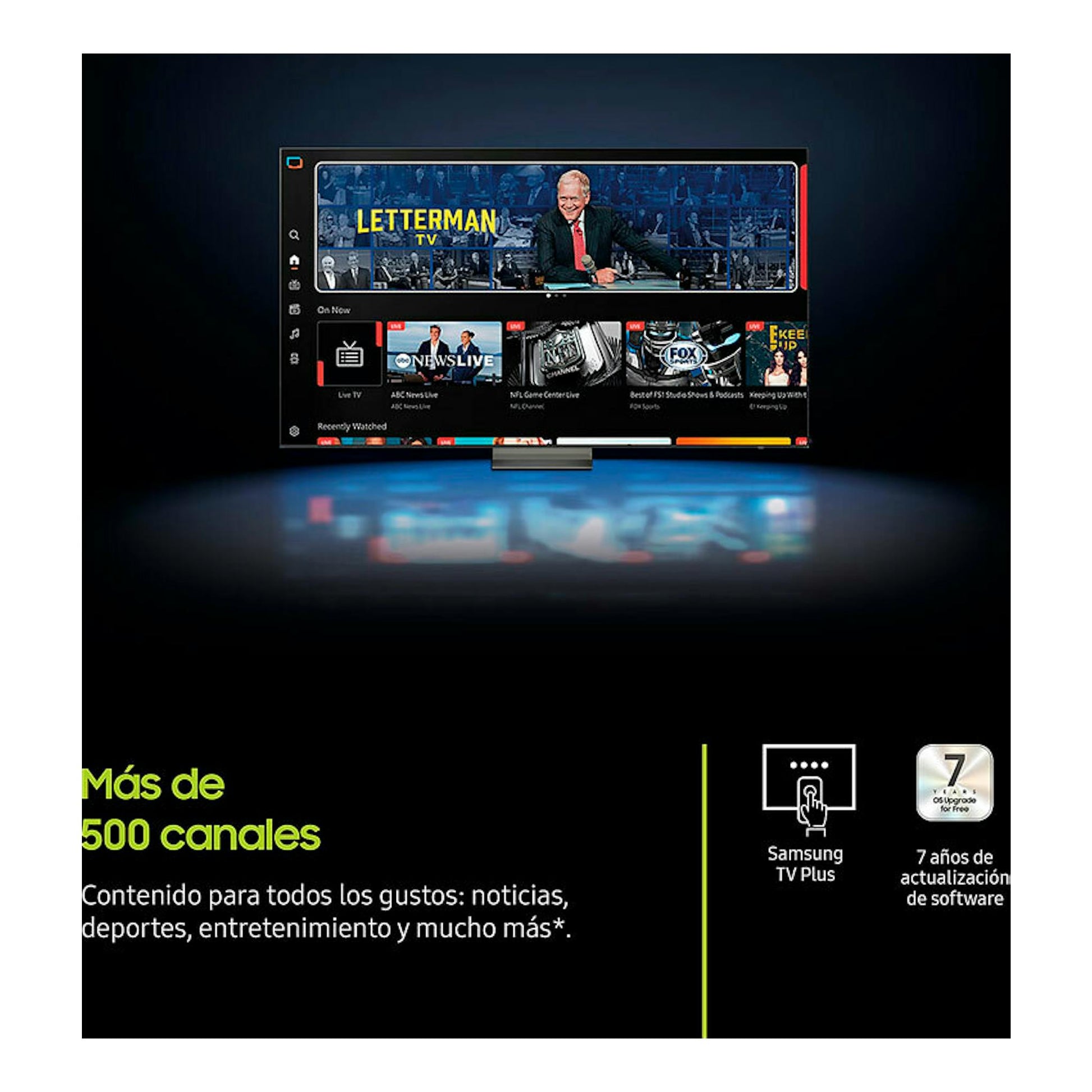 Póster de Samsung TQ55Q7FAAUXXC QLED 4K de 55", con televisor y texto “Más de 500 canales”.