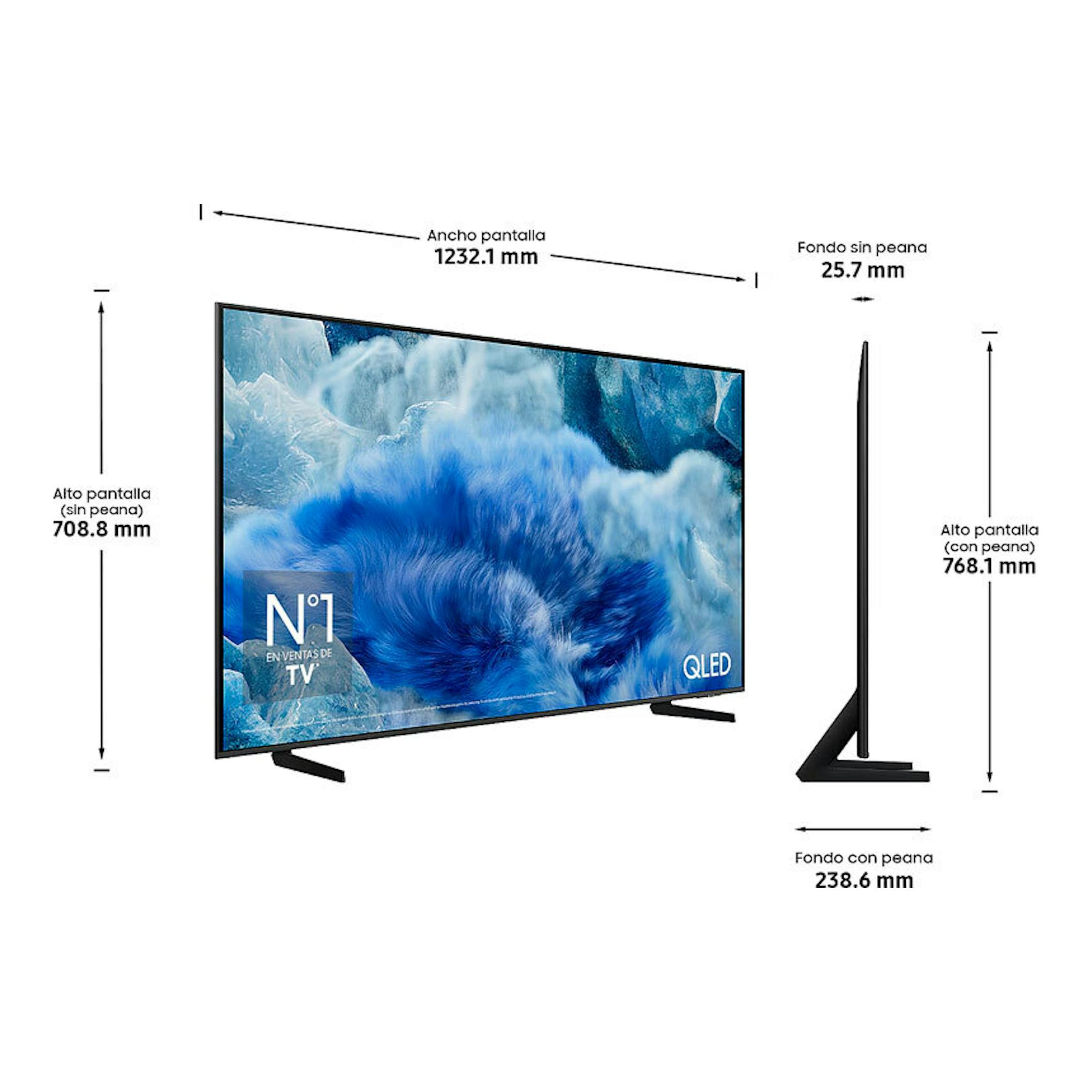Samsung TQ55Q8FAAUXXC QLED 4K de 55”, vistas frontal y lateral en negro, con medidas del televisor.