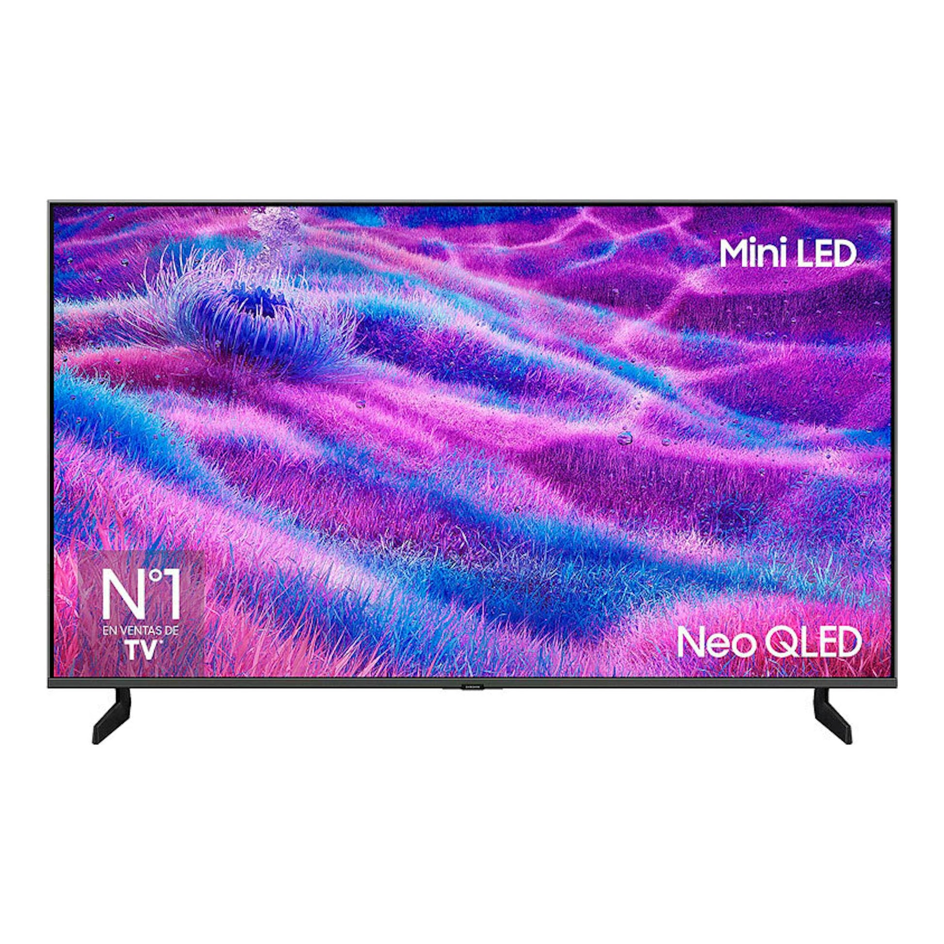 TV Samsung TQ55QN80FAUXXC Neo QLED 4K de 55”, vista frontal, negro, con pantalla abstracta rosa y azul.