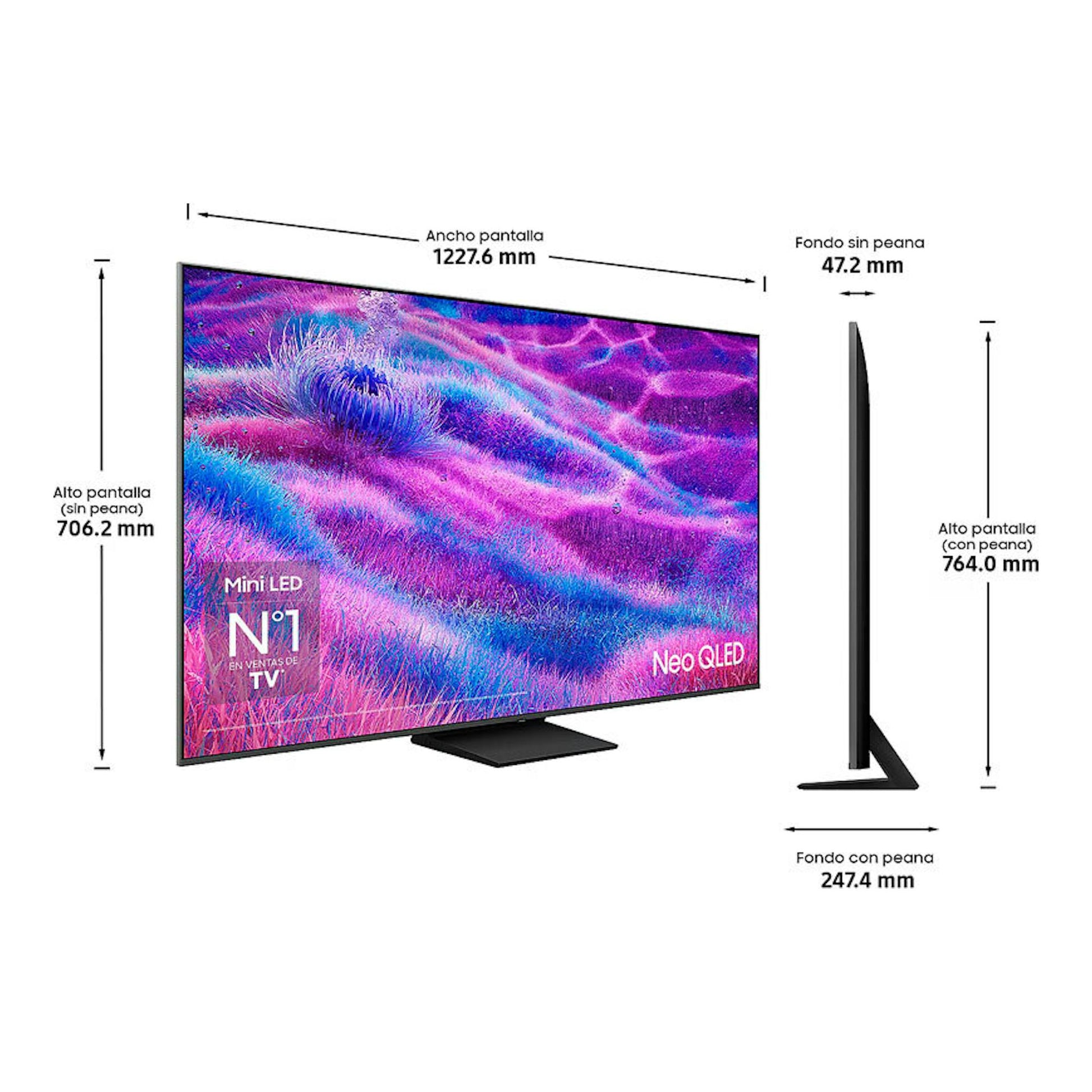 TV Samsung Neo QLED TQ55QN80FAUXXC de 55", vista frontal y lateral con medidas y peana.