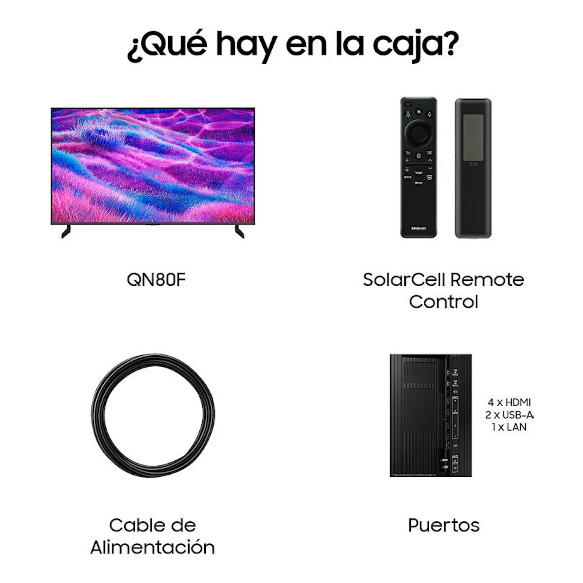 Samsung QN80F: TV frontal, mando SolarCell, cable de alimentación y panel de puertos.