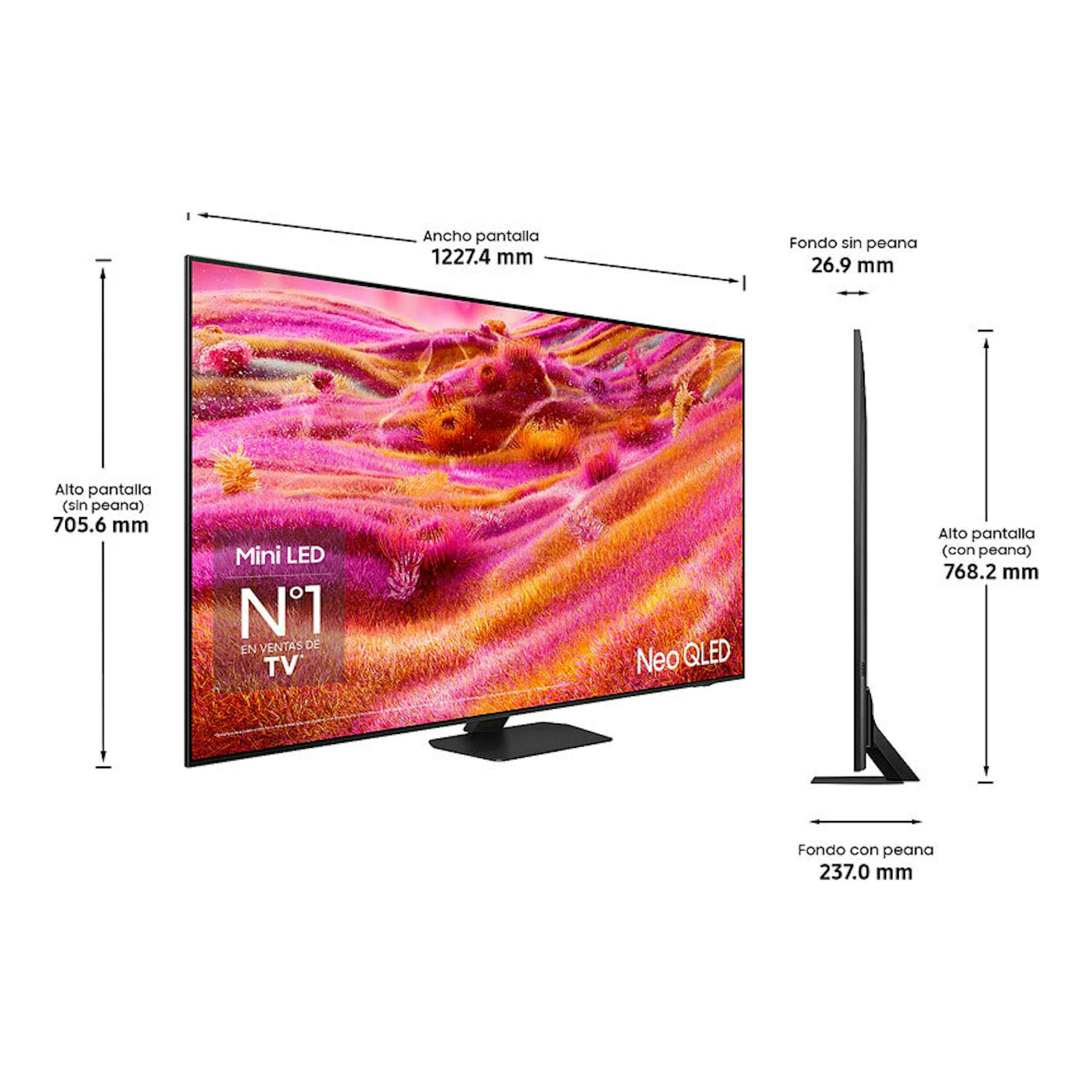 TV Samsung TQ55QN90FATXXC Neo QLED 4K 55” en vista frontal y lateral, con medidas y peana negra.