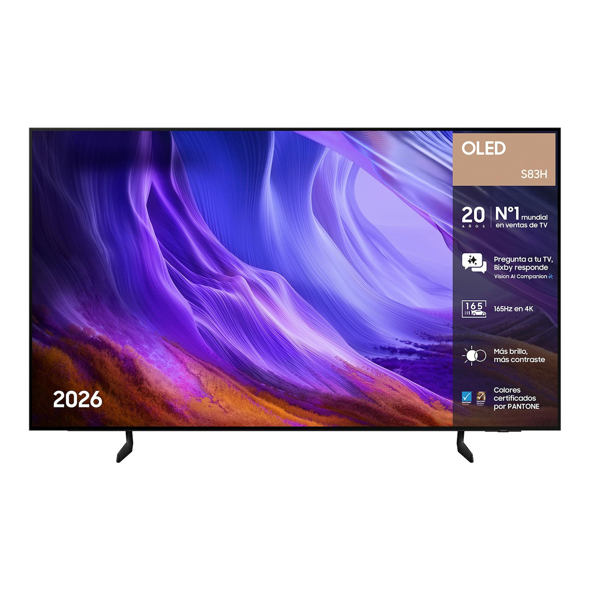 Samsung OLED S83H, vista frontal, en negro, con fondo abstracto morado y panel informativo a la derecha.