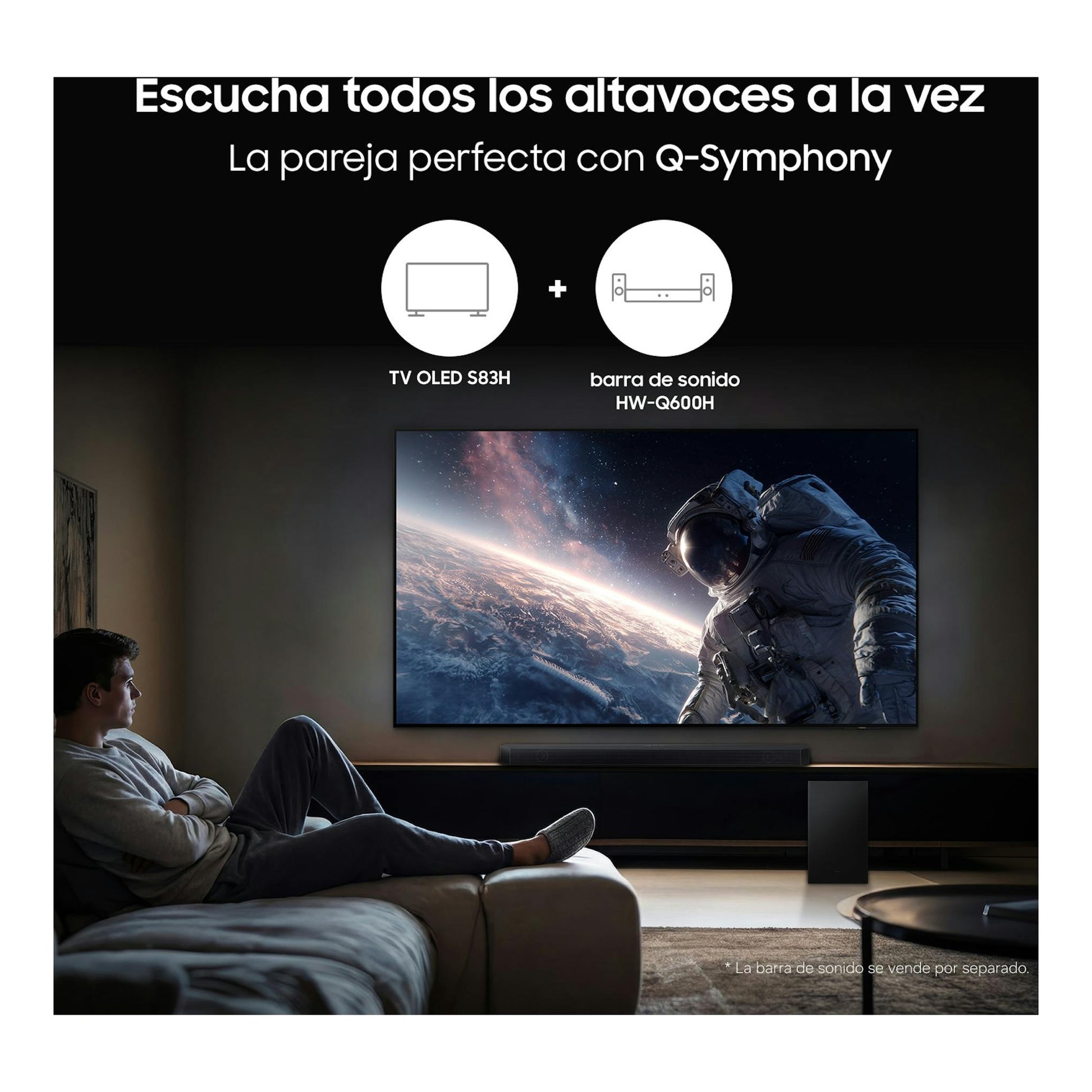 Anuncio frontal de Samsung TV OLED S83H con barra de sonido Q600H; una persona mira una pantalla con astronauta.