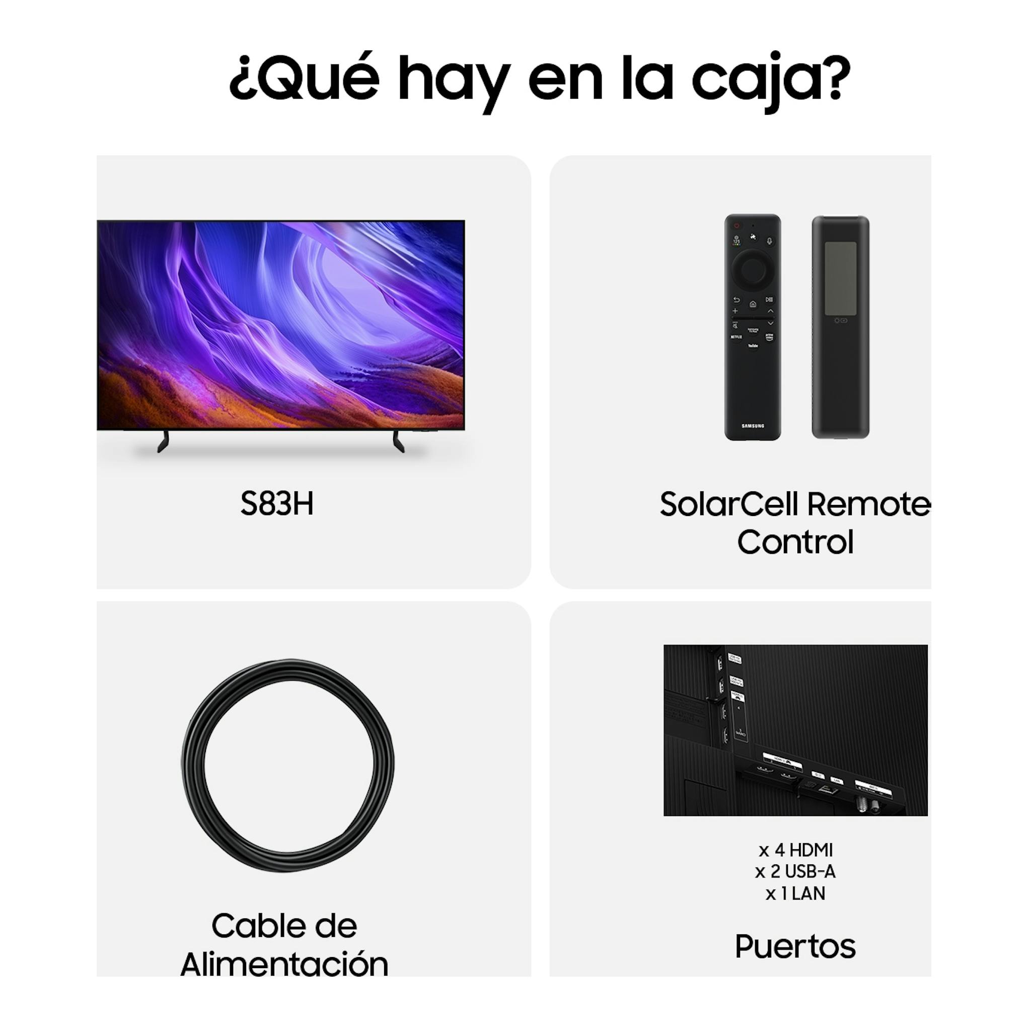 Infografía del Samsung S83H: televisor OLED, mando SolarCell, cable de alimentación y puertos.