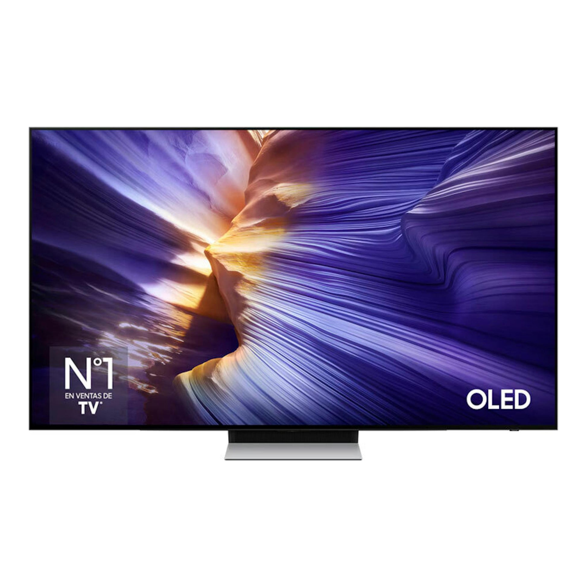 TV Samsung TQ55S90FAEXXC OLED, vista frontal, con peana central y fondo blanco.