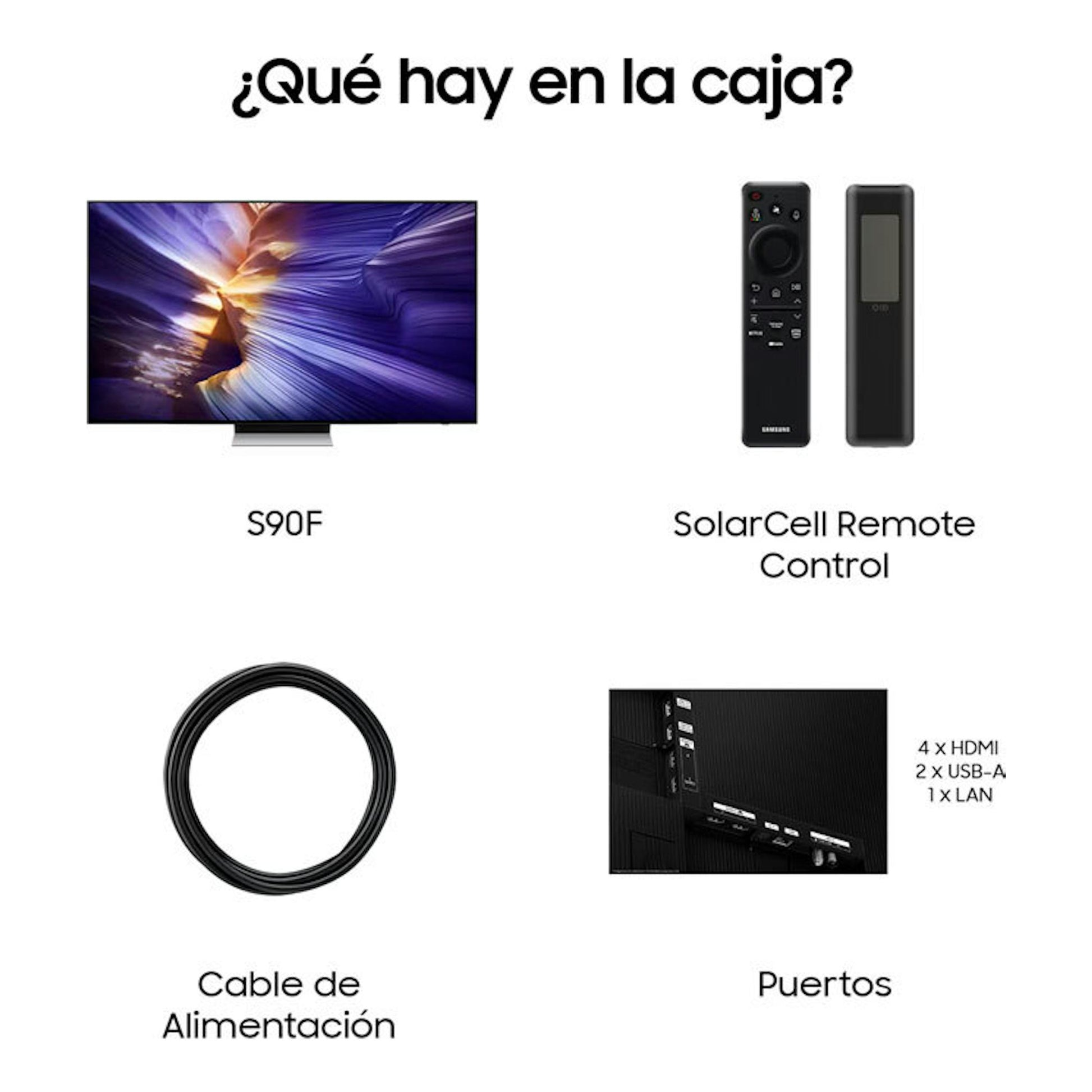 Samsung S90F OLED 4K 55": vista frontal del TV, mando SolarCell, cable de alimentación y puertos.