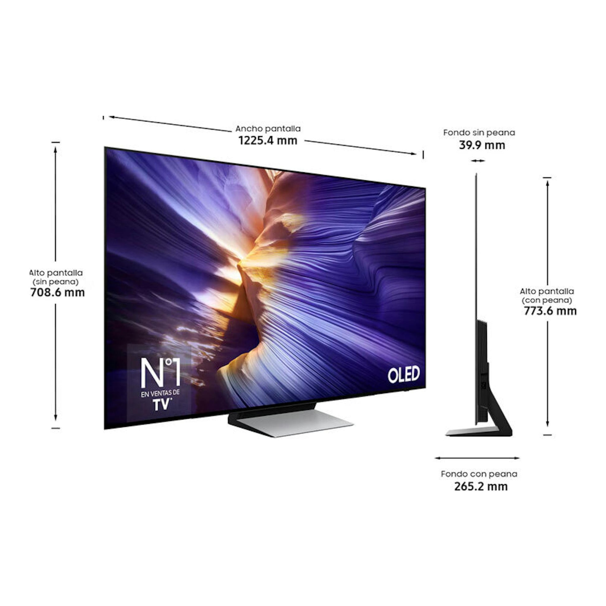 Samsung TQ55S90FAEXXC, TV OLED 4K negra, vista frontal y lateral con base y medidas en mm.