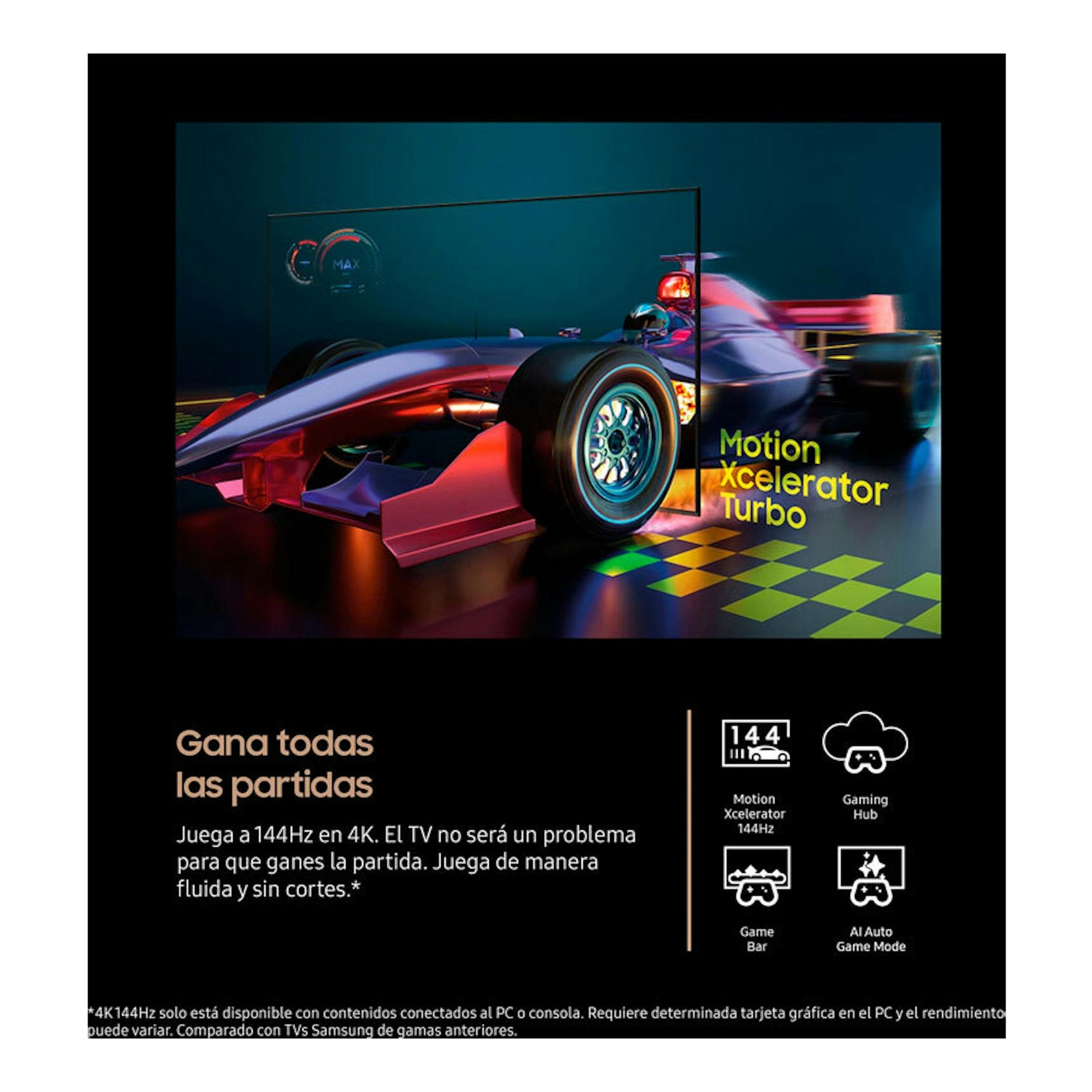 Anuncio frontal de Samsung TQ55S90FAEXXC OLED 4K 55" con coche de carreras y texto "Motion Xcelerator Turbo".