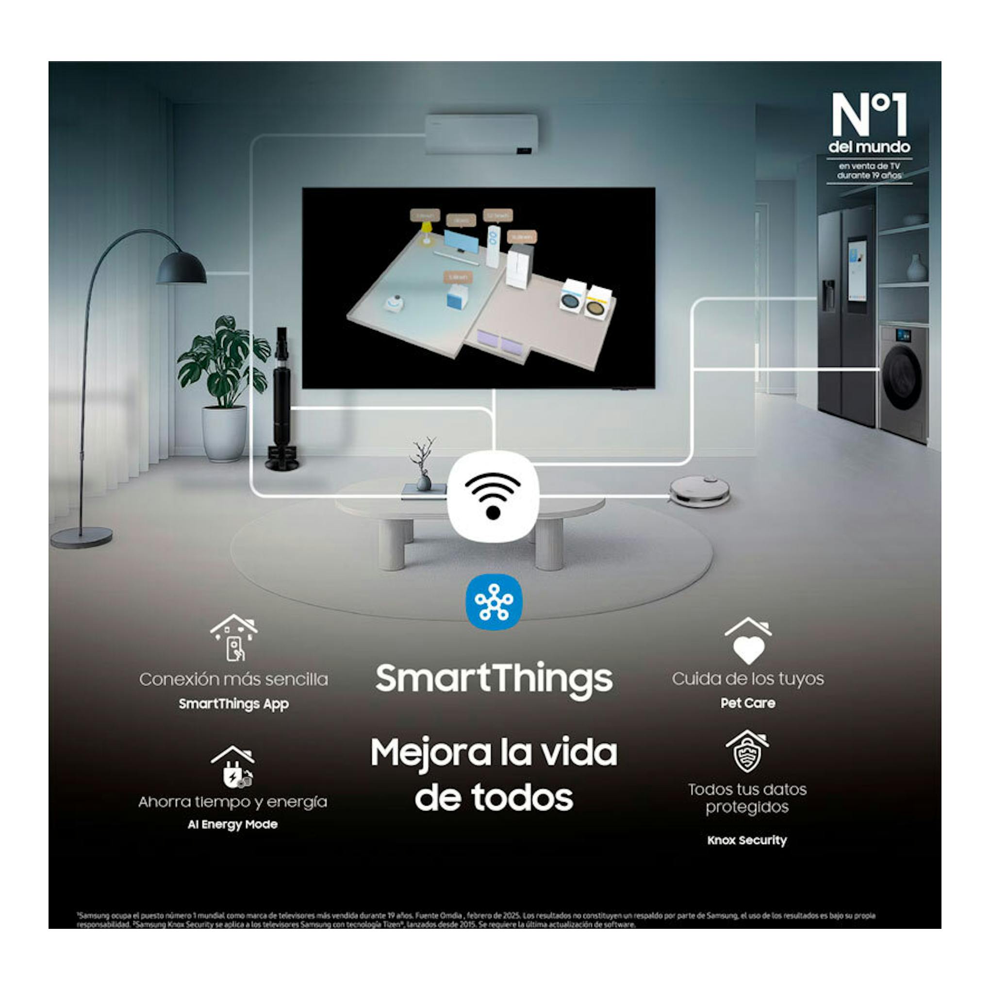 Cartel de Samsung TQ55S90FAEXXC: TV OLED 4K negro montado en pared en un salón, con SmartThings.