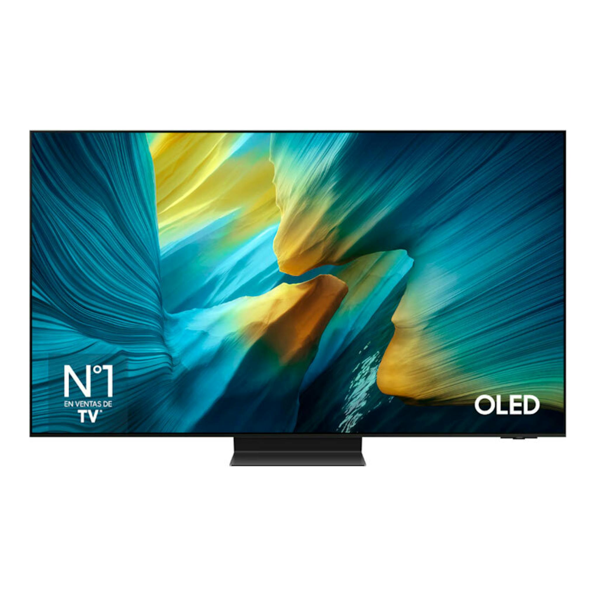 Televisor Samsung TQ55S95FATXXC OLED 4K de 55 pulgadas, vista frontal, marco negro y base central.