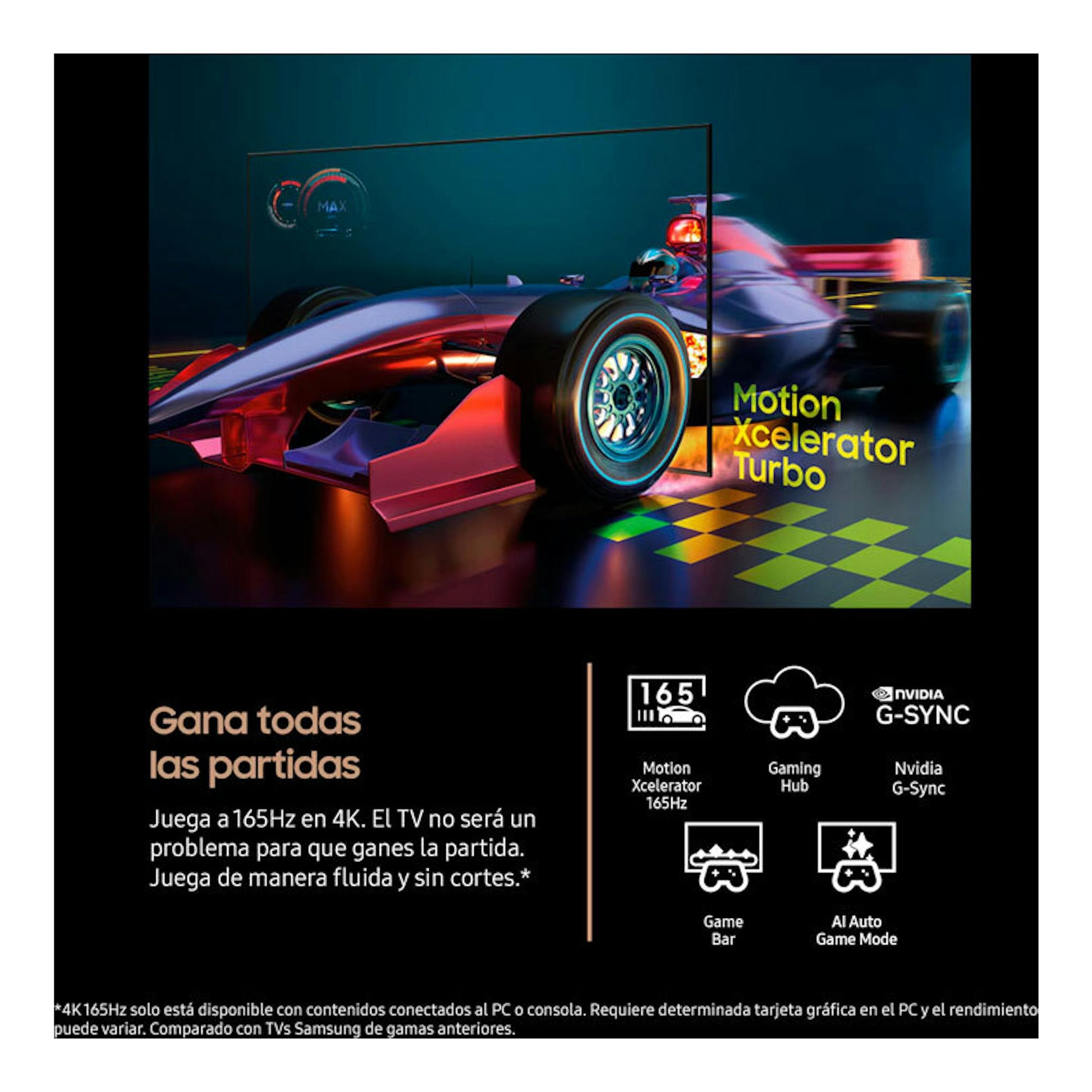 Samsung TQ55S95FATXXC OLED 4K, vista frontal: anuncio con coche de F1 y textos sobre 165 Hz, Gaming Hub y G-Sync.