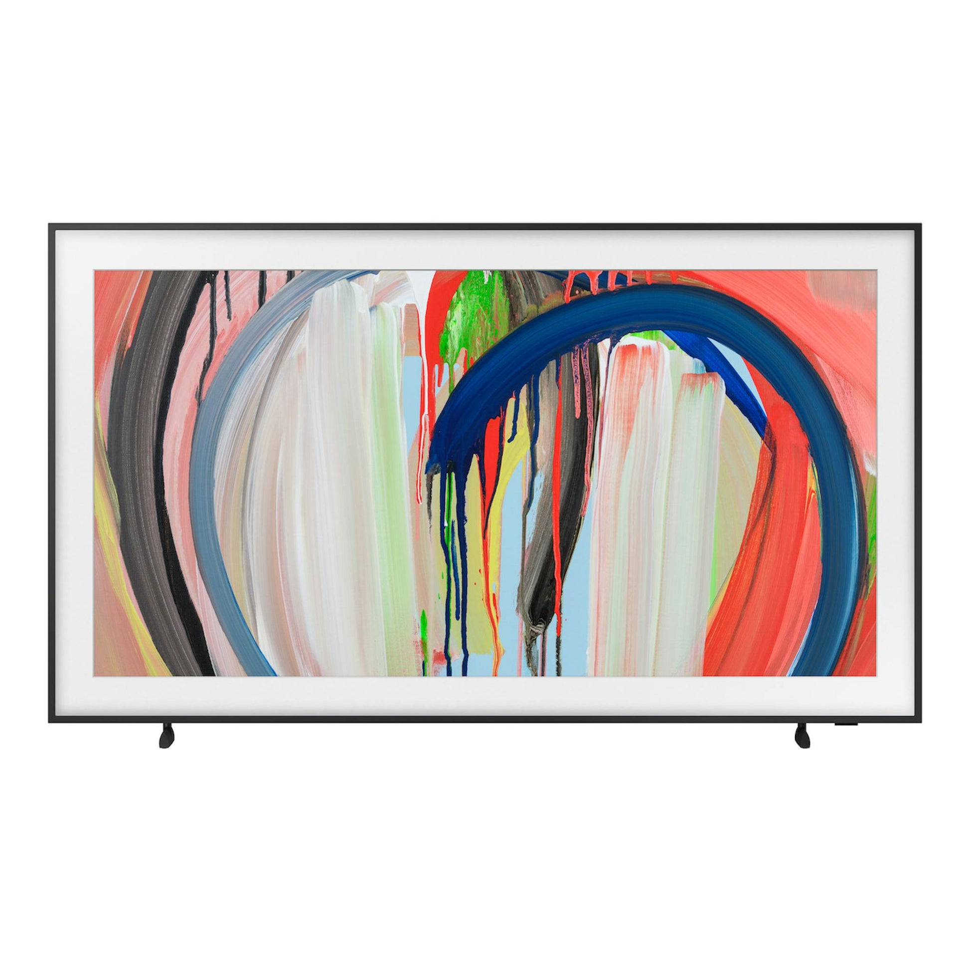 TV Samsung TQ65LS03HAUXXC negra, vista frontal, con marco delgado y pantalla con arte abstracto.
