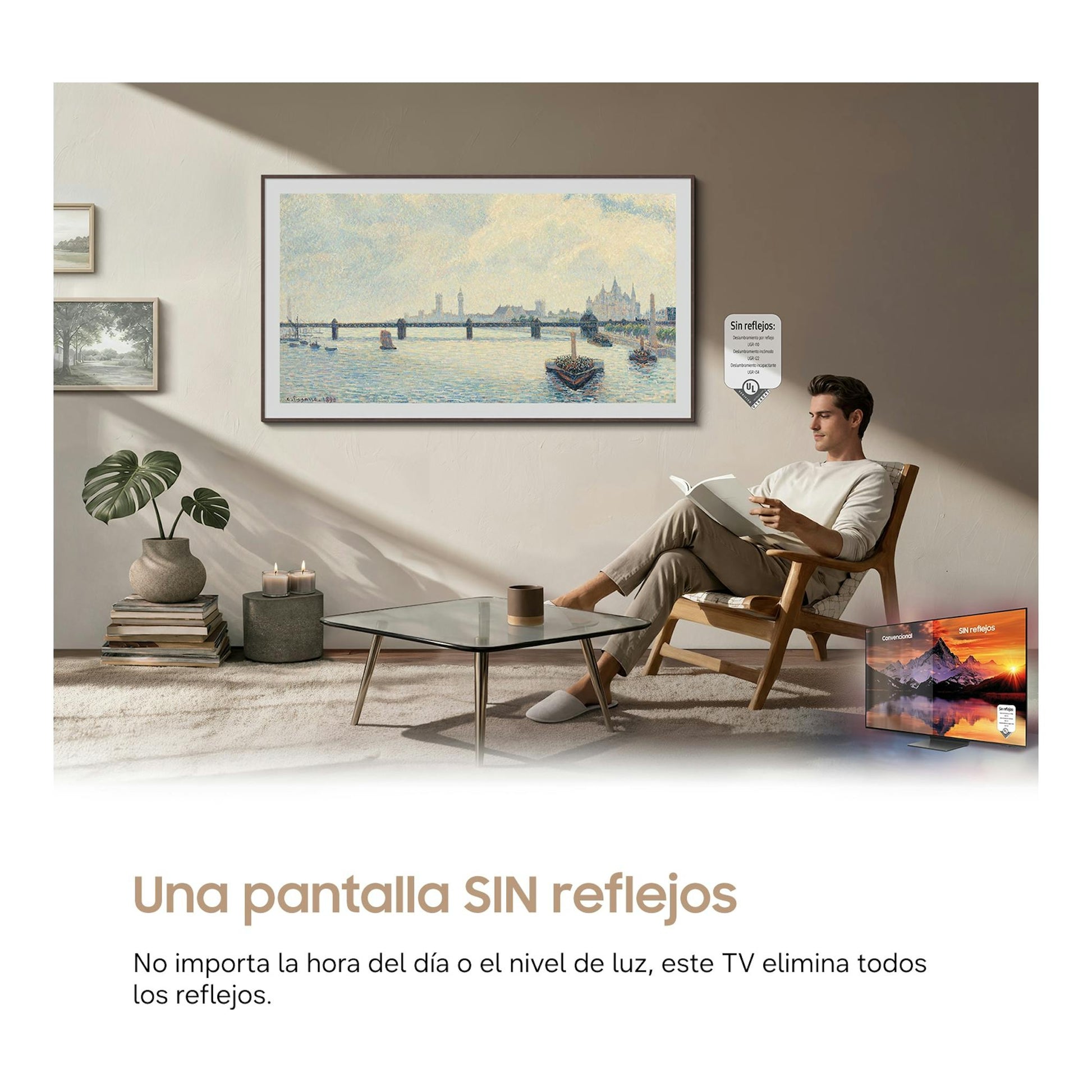 Televisor Samsung TQ65LS03HWUXXC montado en pared, con marco marrón e imagen de paisaje en una sala iluminada.