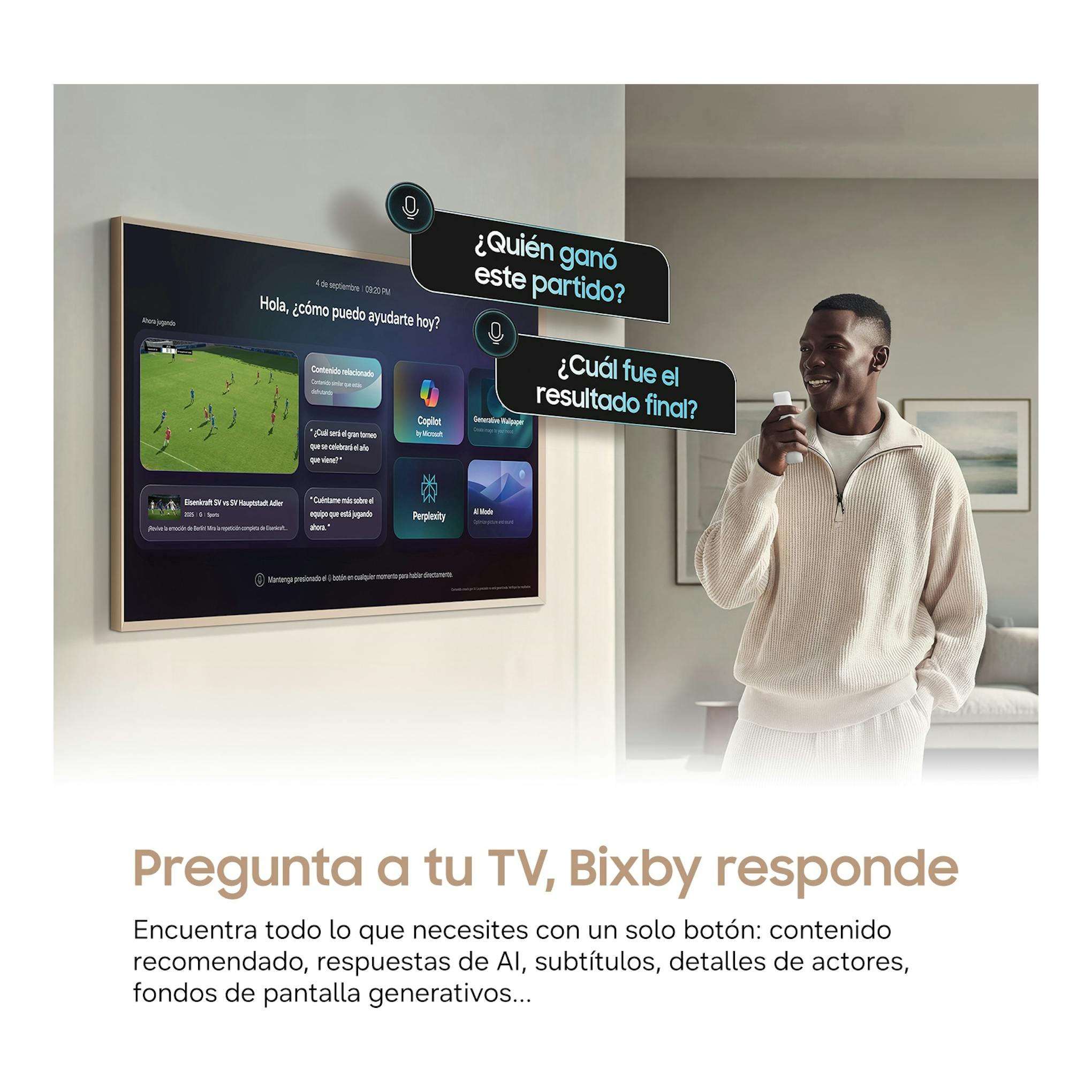 Televisor Samsung TQ65LS03HAUXXC, vista frontal en pared, con interfaz Bixby y una persona sosteniendo un mando.