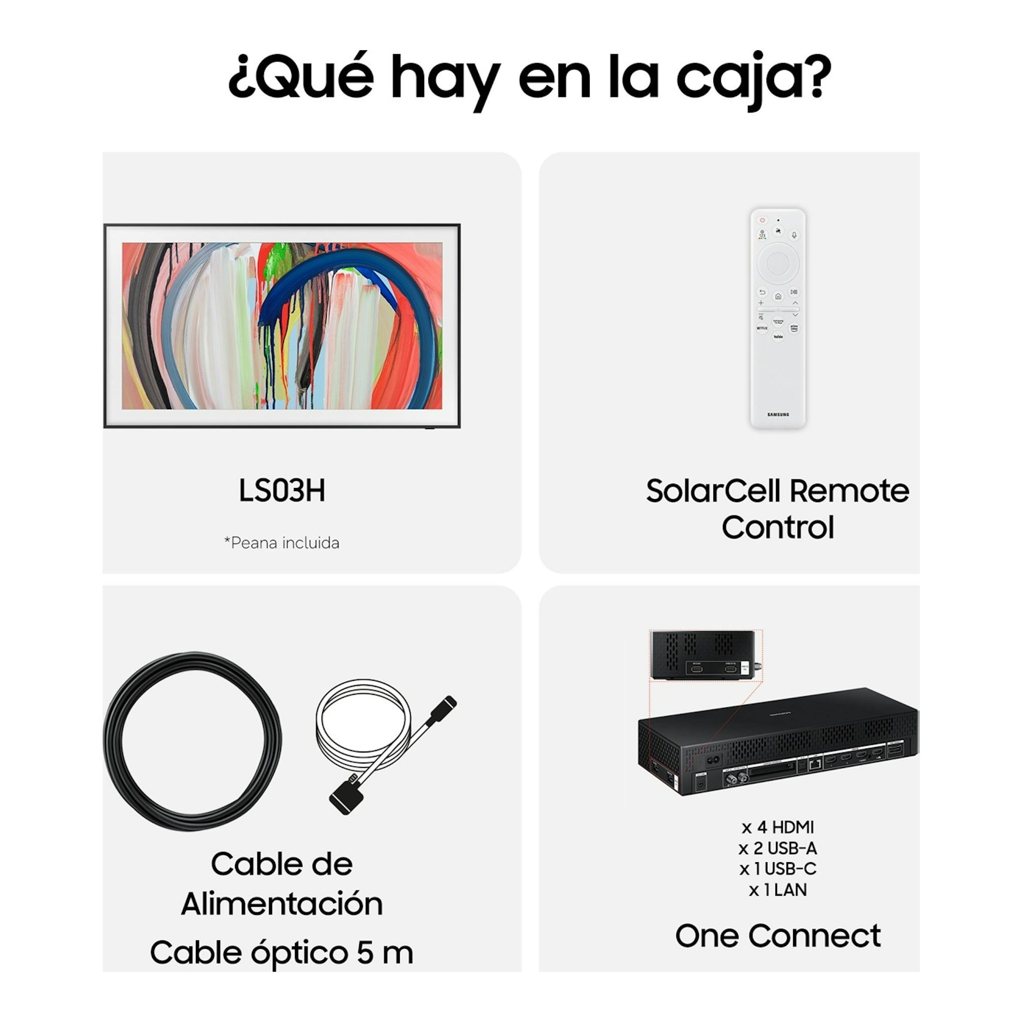 Infografía de Samsung LS03H con TV, mando SolarCell, cable de alimentación, cable óptico de 5 m y One Connect.