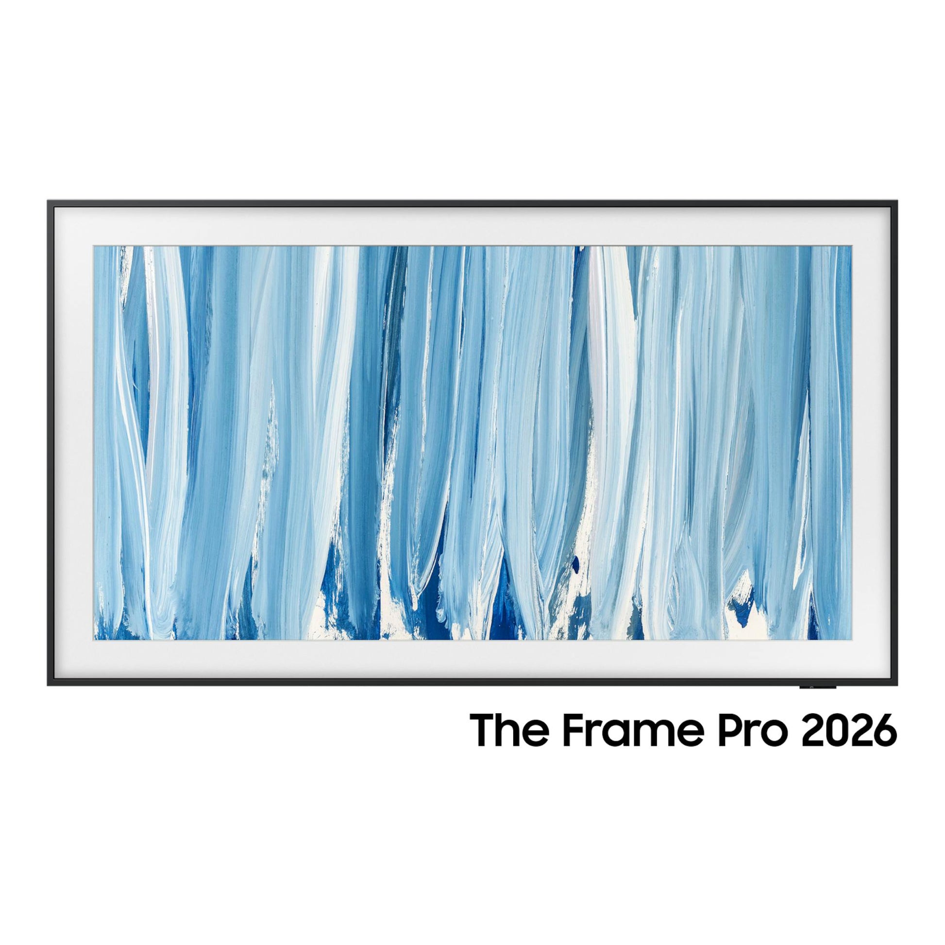 Televisor Samsung TQ65LS03HWUXXC The Frame Pro 2026, vista frontal, marco negro, con imagen abstracta azul.