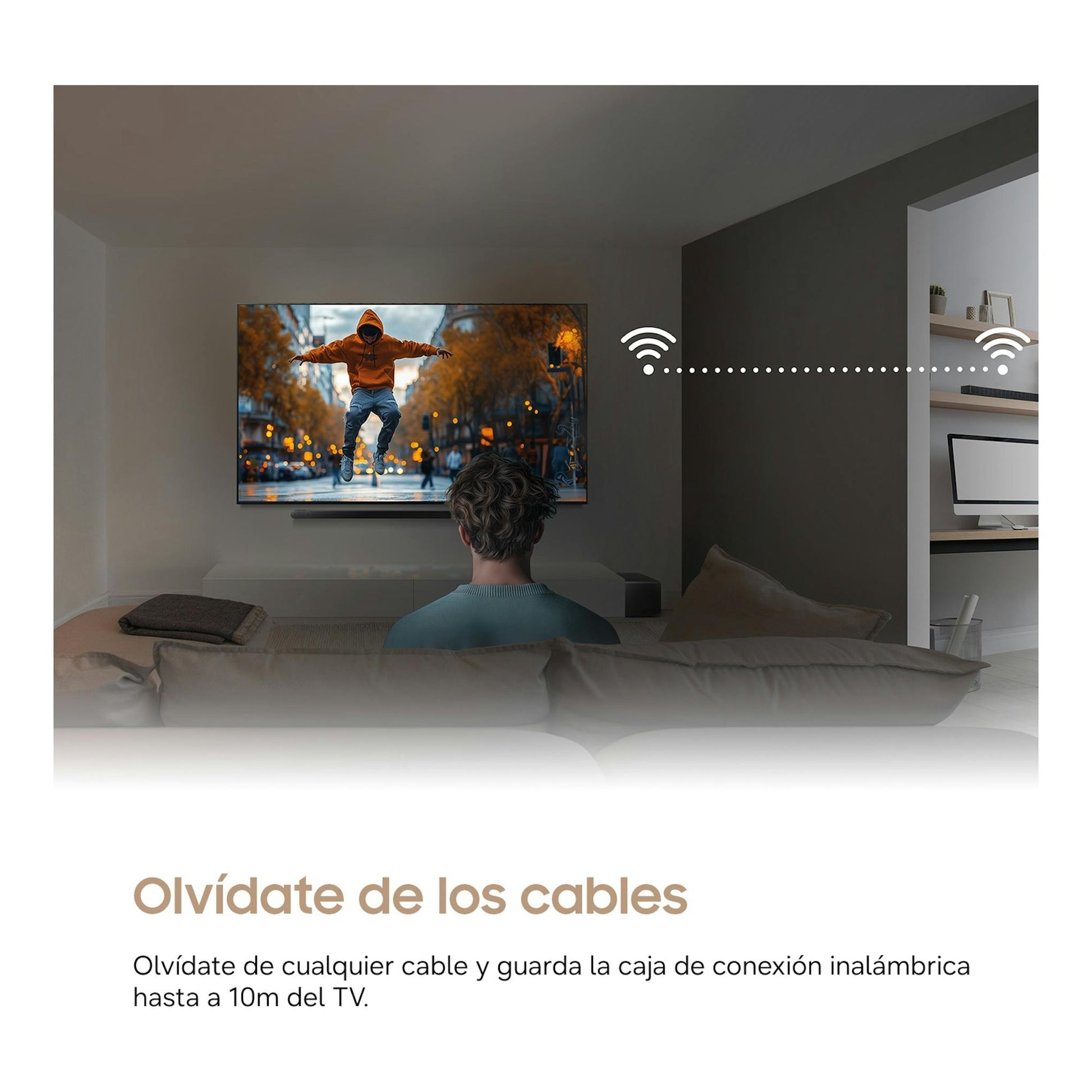 Samsung TQ65LS03HWUXXC en salón, televisor mural con escena en pantalla y símbolo de conexión inalámbrica.