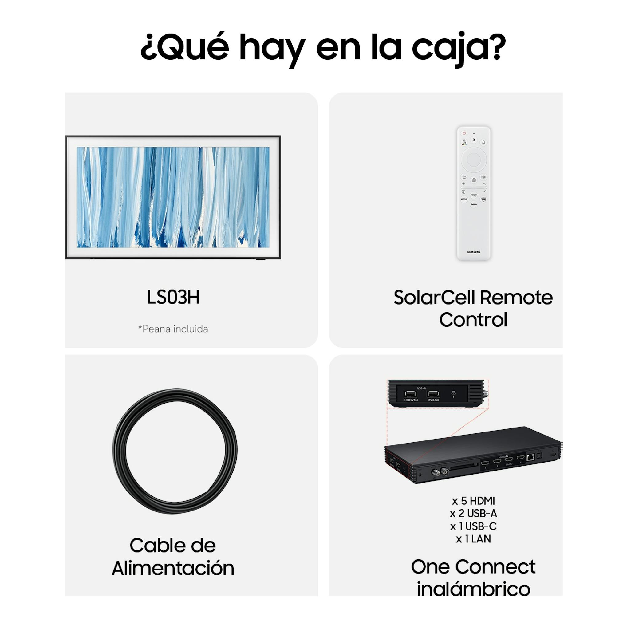 Samsung LS03H: televisor frontal, mando SolarCell, cable de alimentación y One Connect inalámbrico.